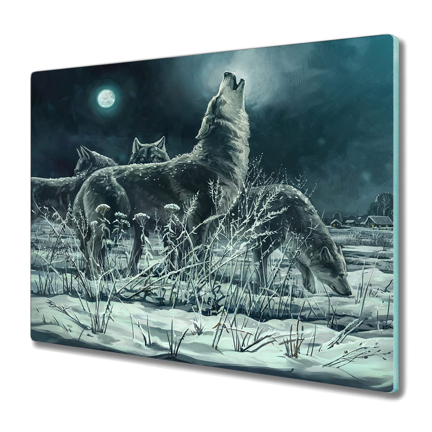 Planche à découper en verre 60x52 cm motif loups pour protéger votre plaque à induction