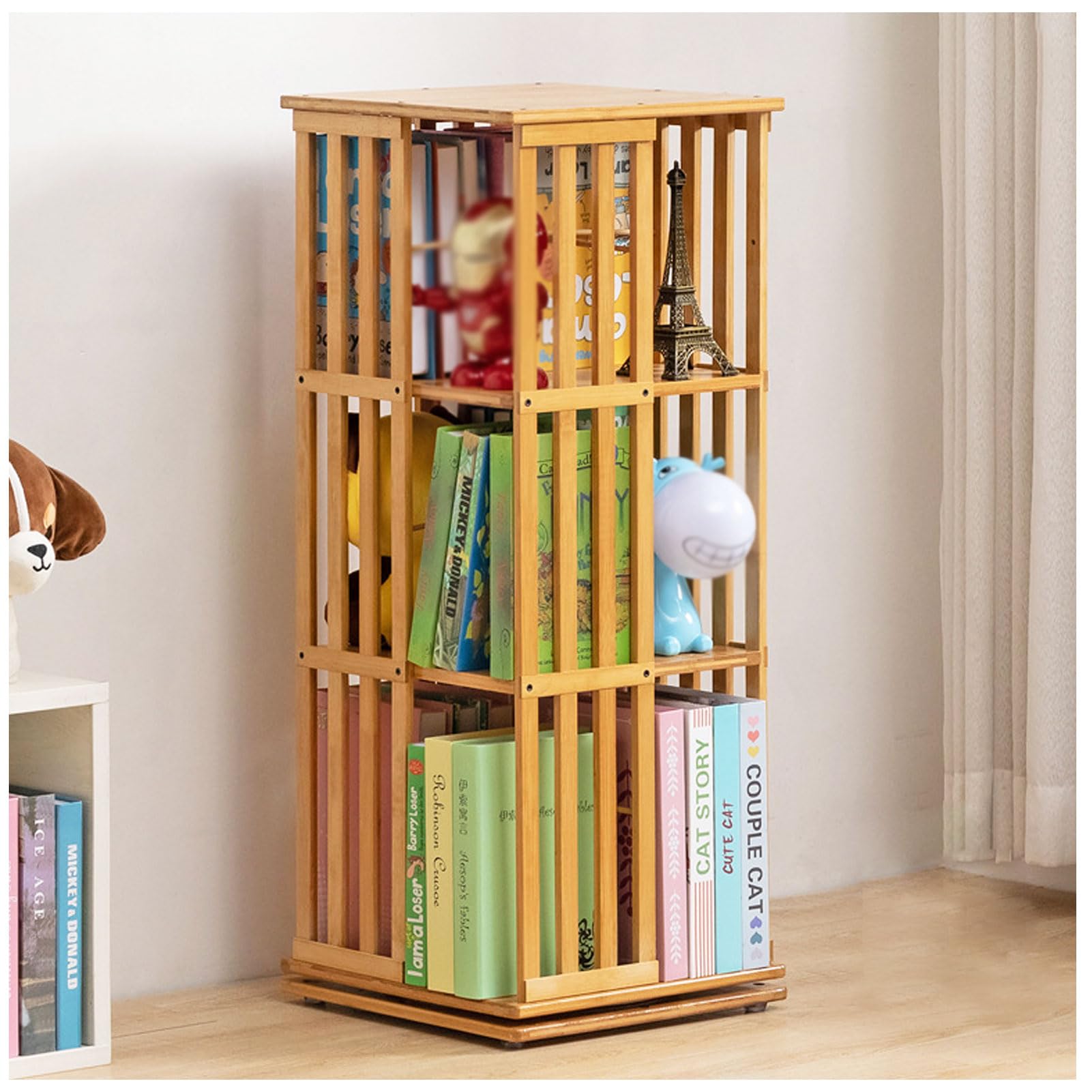 Lshtshf-Ou Natural Wood 360 Display Rotating Bookshelf Bamboo Organizer Wooden Bookcase Corner Tall Book Shelf Modern With Open Design Shelving Unit(,3Rd Floor-Tier)