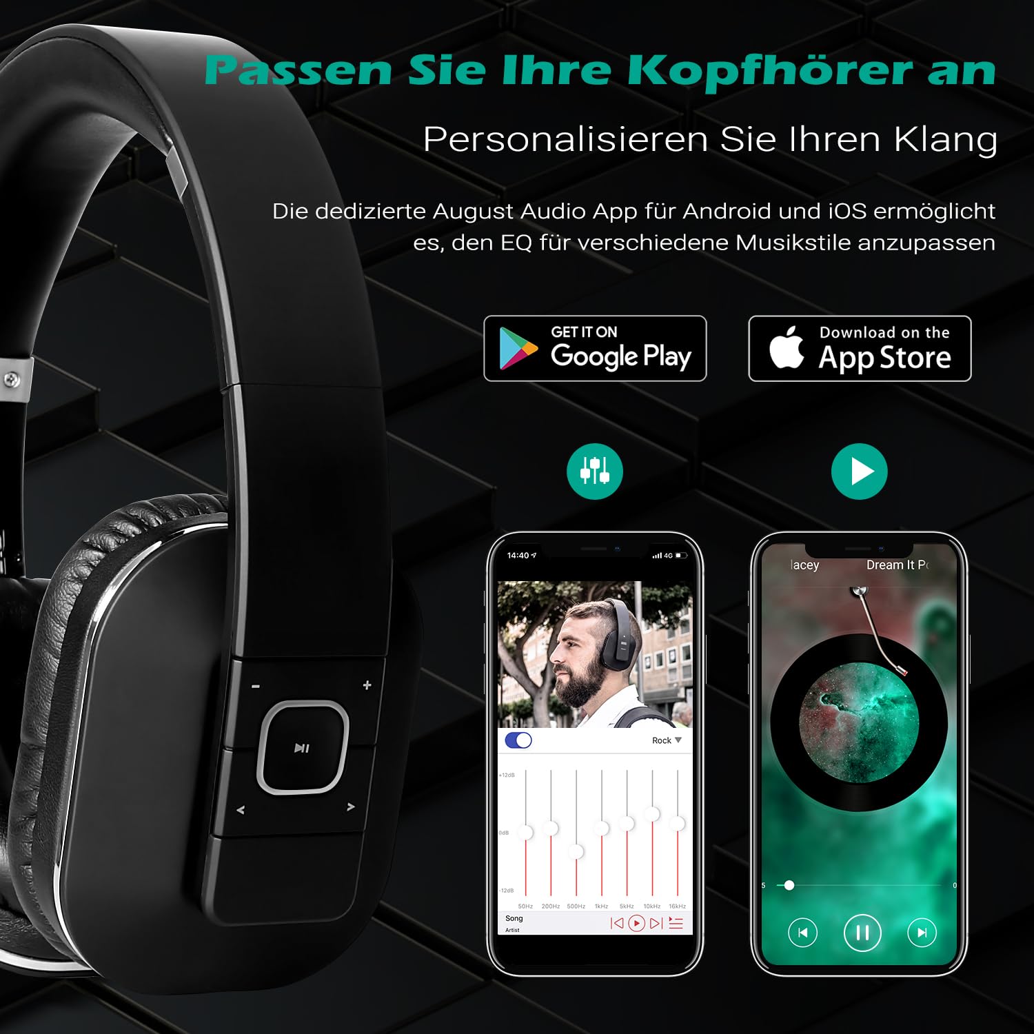 August EP650 - Bluetooth Kopfhörer v4.2 NFC mit aptX Low Latency - Stereo Over Ear Headphones Audio App kabellose Kopfhörer mit Mikrofon für Freisprecher tiefer Bass 15h Akku (schwarz)