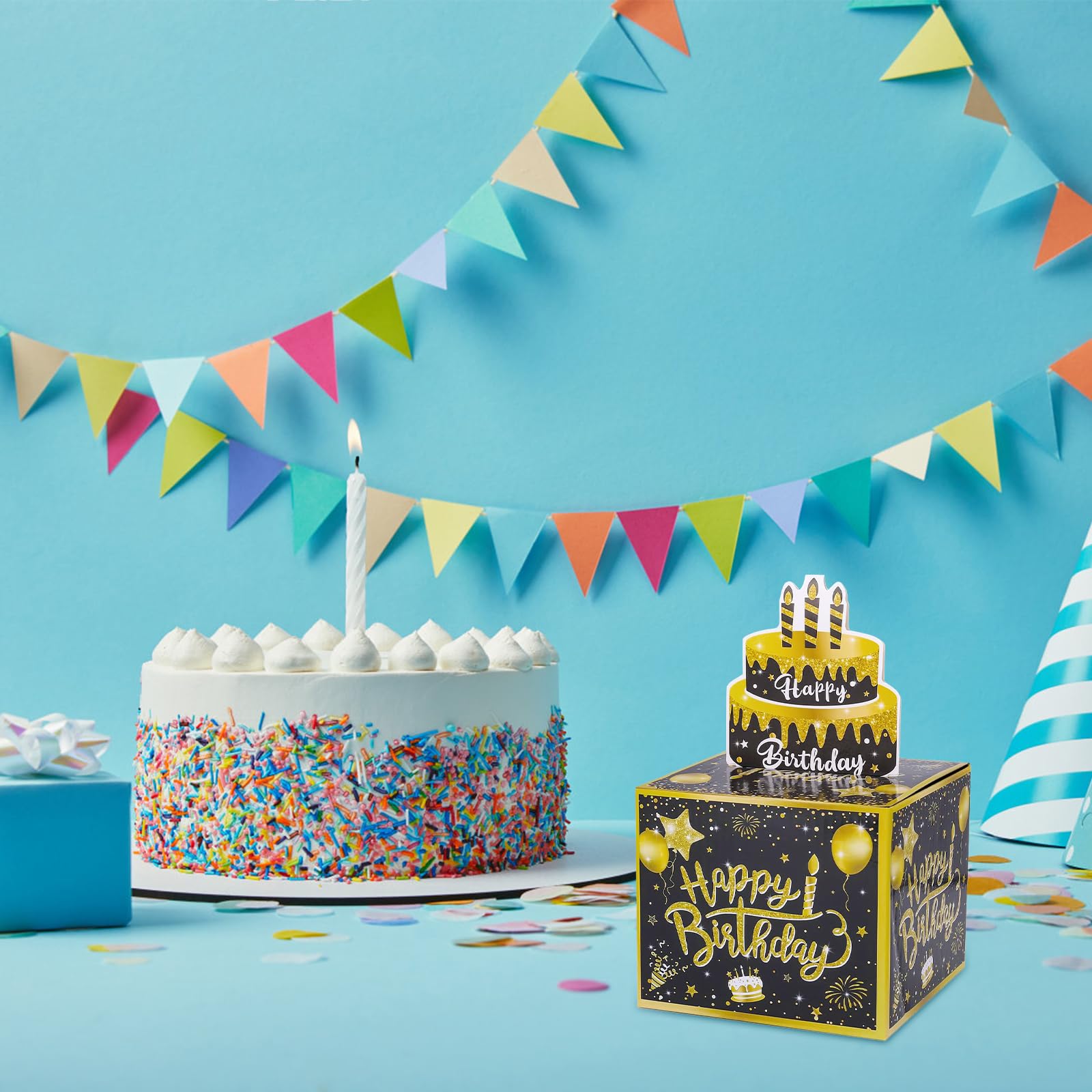 Happy Birthday Scatola Soldi Estraibile Blu - Kit Regalo Denaro Con Cartello A Forma Di Torta, 100 Sacchetti, Adesivi Numeri - Idea Regalo Divertente - 6