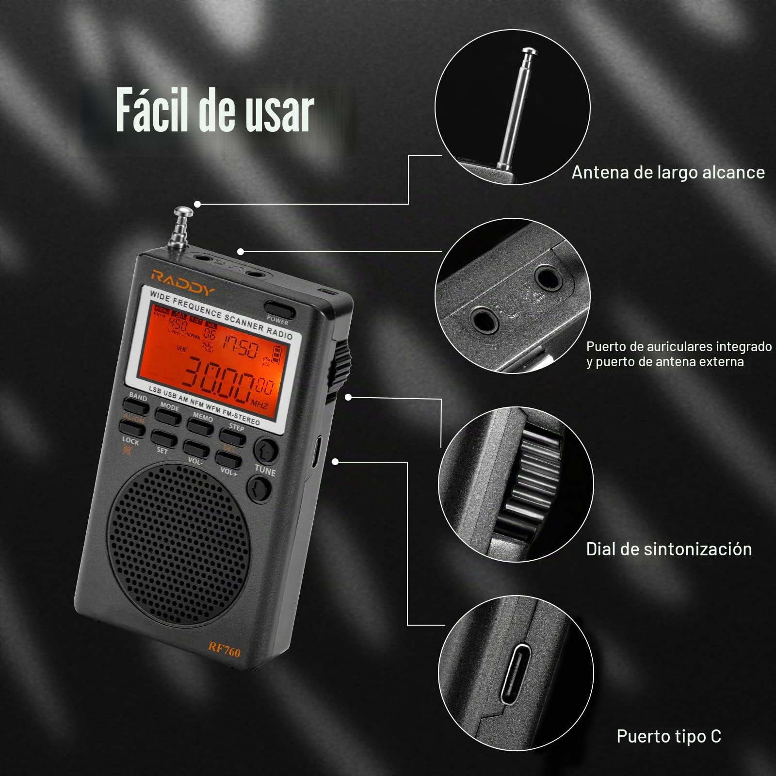 Raddy RF760 - Radio multibanda FM/AM/SW/CB/VHF (UHF)/WX/Air, radio digital recargable con conector para auriculares, antena de cable de 3 m