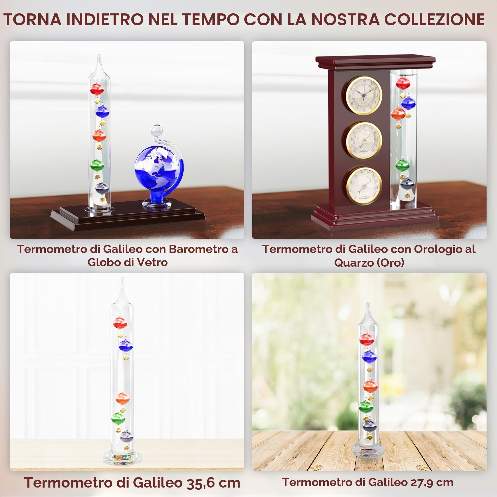 JJ Care Termometro Galileo con Orologio al Quarzo (Oro), Barometro Analogico e Igrometro, Stazione Meteorologica per Interni, Telaio in Vetro e Legno