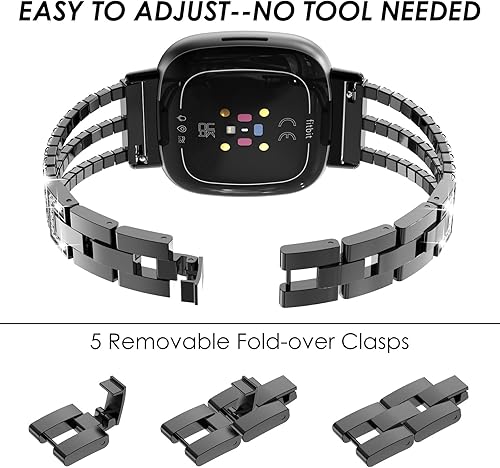 Miniatura 4 de Fullife Compatible con Fitbit Versa 3Fitbit Versa 4 con diamantes de cristal, correa de acero para Fitbit SenseFitbit Sense 2 para mujer, color negro