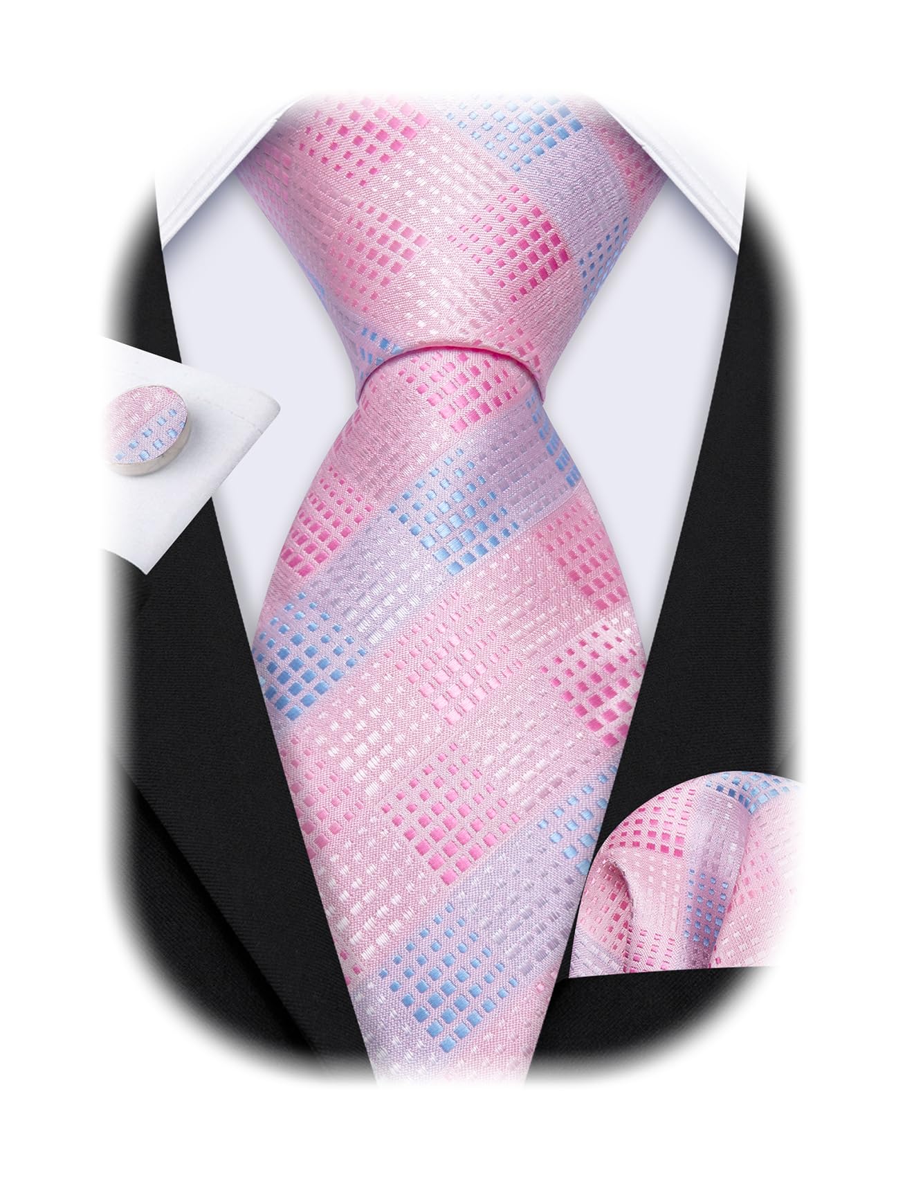 Barry.Wang Plaid Ties Checkered Mens Silk Necktie Handkerchief Cufflinks
