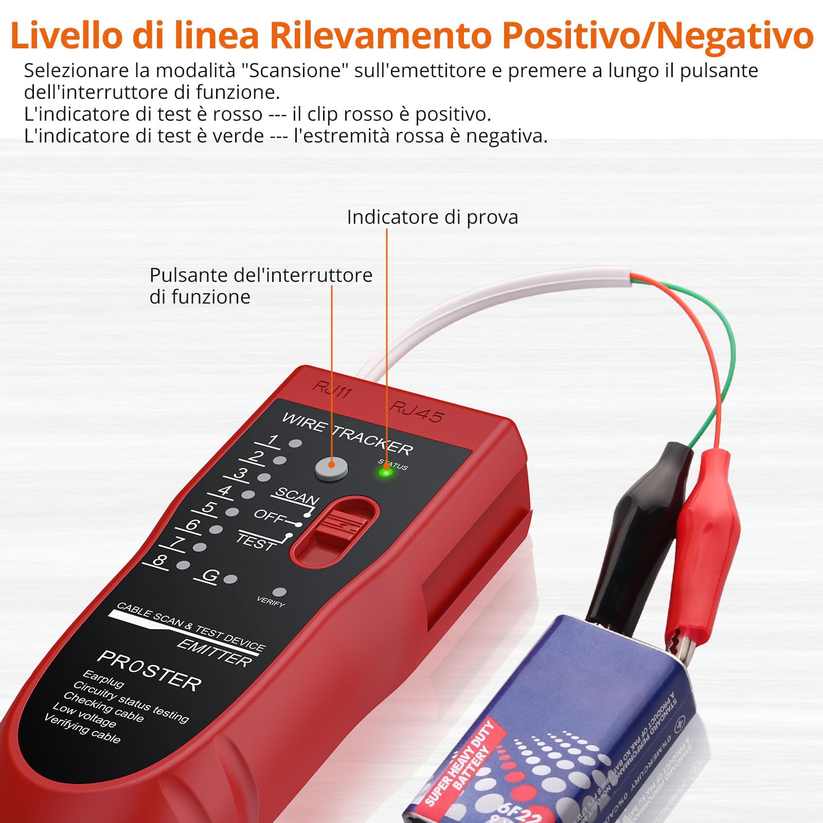 Proster Tester Cavo RJ45 RJ11 con Cuffie Tracciatore Tester Cavi Rete LAN Cavo RJ Portatile Localizzatore Cavo Cellulare Telefono Alta Sensibilità per LAN Ethernet BNC RJ45 RJ11-Rosso