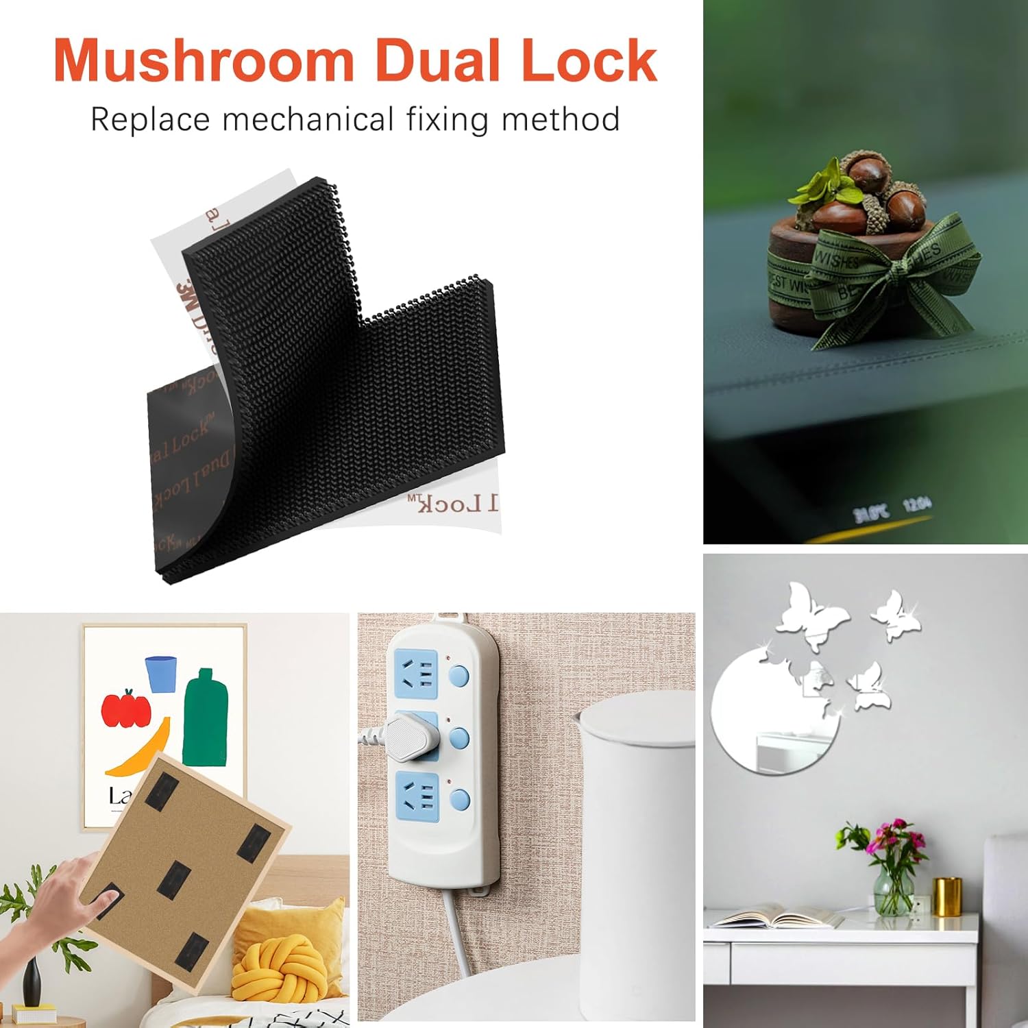 Dual Lock Tape, 1in x 2in 10 Pcs Heavy Duty Hook and Loop Tapes, Reclosable Self Sticky Interlocking Fastener, Back Mushroom Mounting Tape for Indoor and Outdoor Use