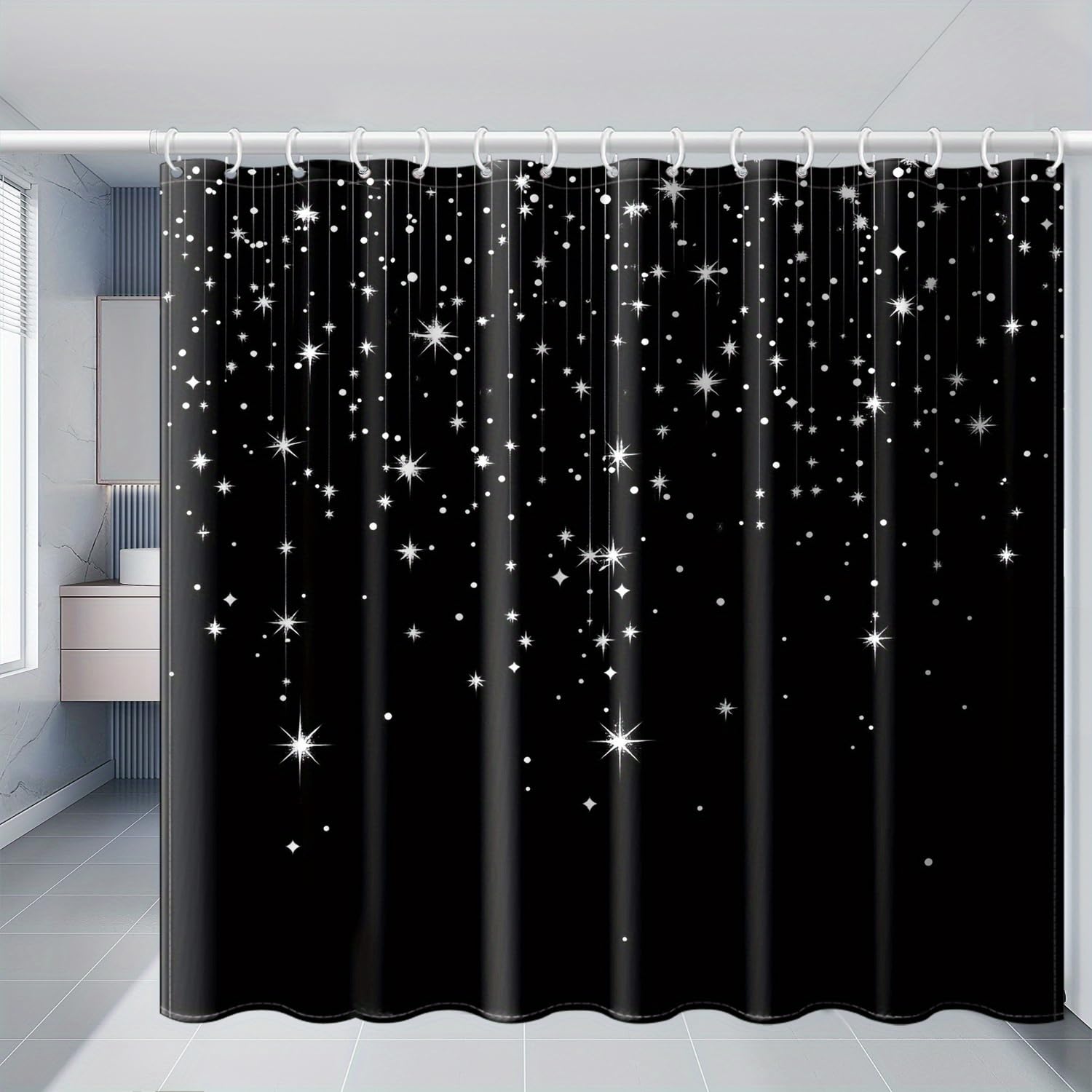 1 pezzo 180x220CM Fantasia del cielo stellato nero Tenda da doccia con gancio, in poliestere, per finestre e pareti, vasca da bagno, bagno, lavabile in lavatrice, universale per tutte le stagioni.