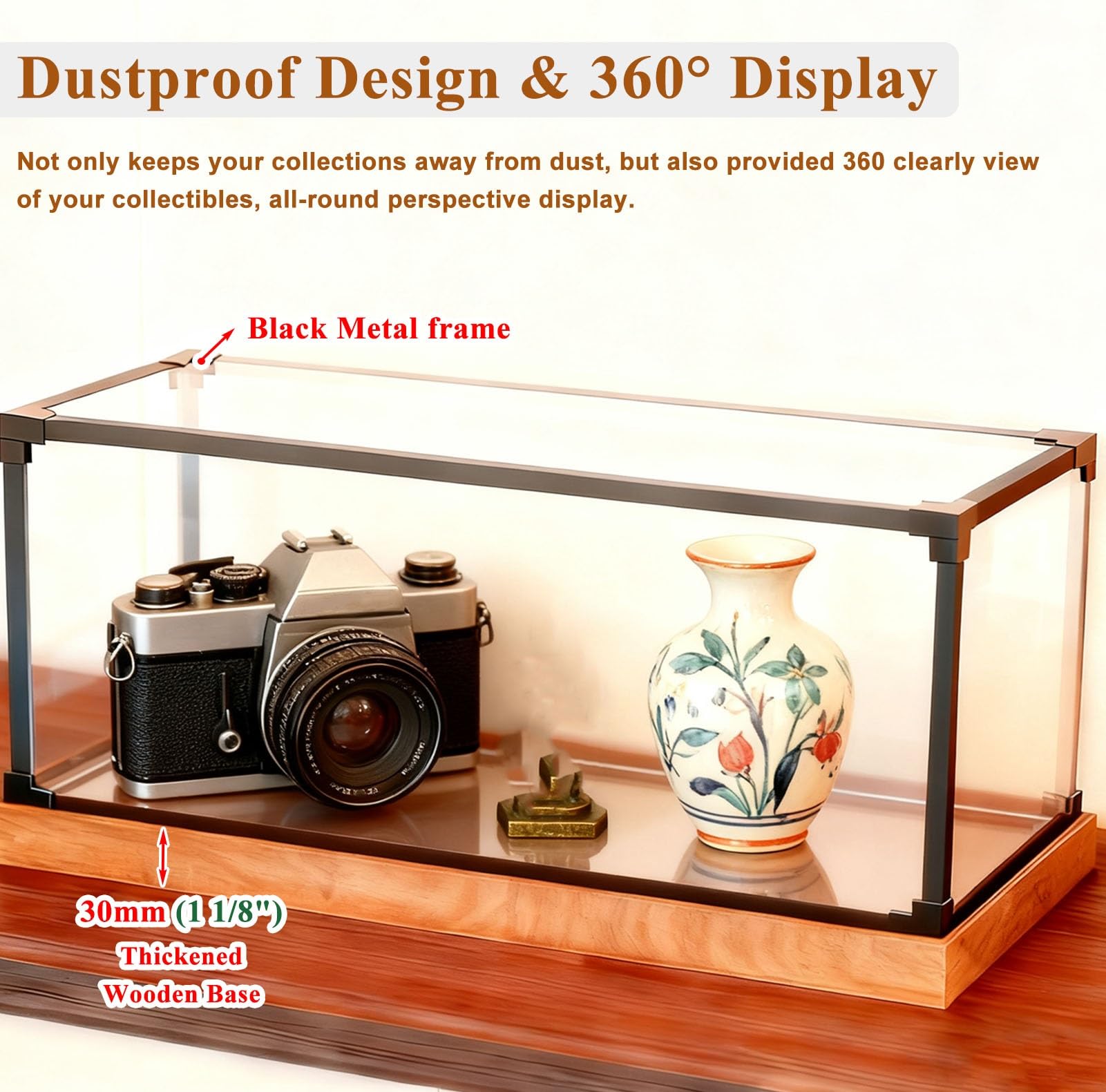 Vitrina Expositora Vitrina de Acrílico con Marco de Metal Negro | Caja Expositora Antipolvo, Vitrina con Base de Madera para Coleccionables, Maquetas de Barcos, Figuras