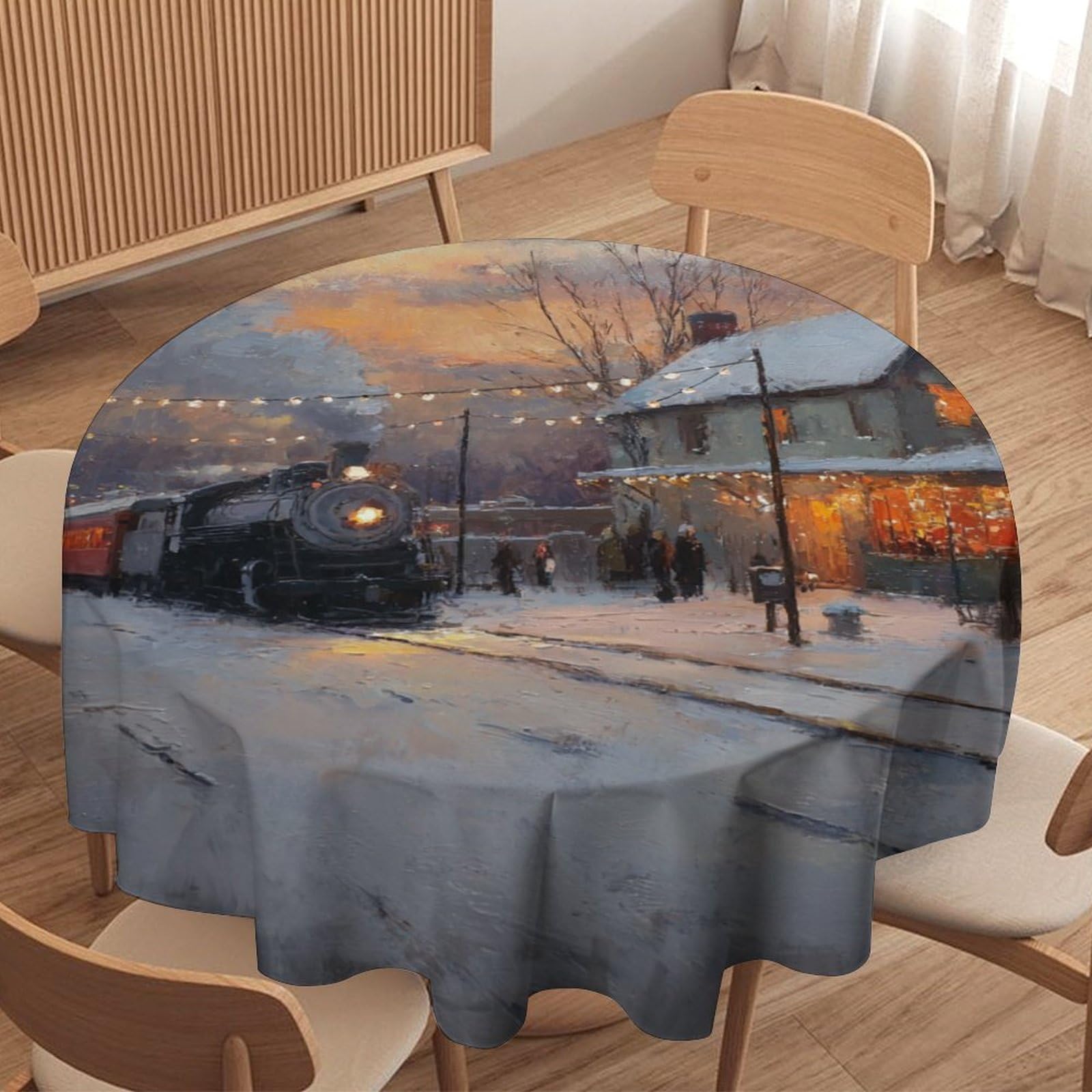 LUYYSKY Classic Rustic Antique Train Round Tablecloth Fantasy Watercolor Christmas Sunset Snowy Landscape Steam Train Washable Decor for Table Cover for Kitchen-152.4" Wx152.4 L cm