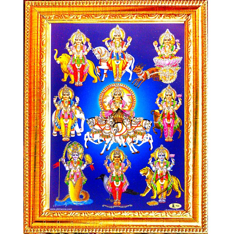 VCARTNOW Nav Grah Griha Nine Planets Surya Chandra Rahu Ketu Budh Guru Shukra Shani Poster Glitter Paper - Laminated Frame(20 x 15cm)