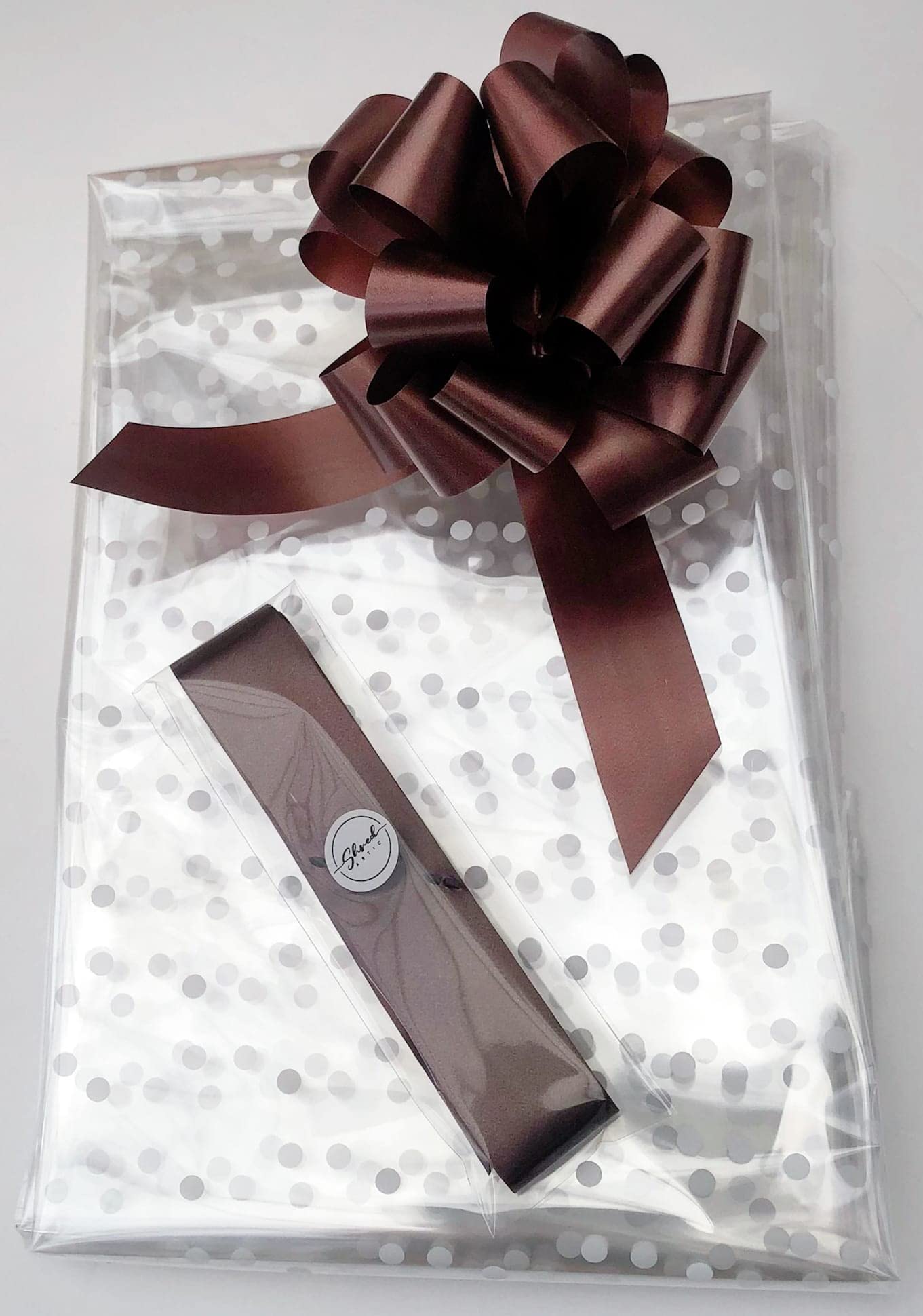 ShredAstic® White Dot Florist Cellophane wrap with 30mm Pull Bow (2 metres, Brown)