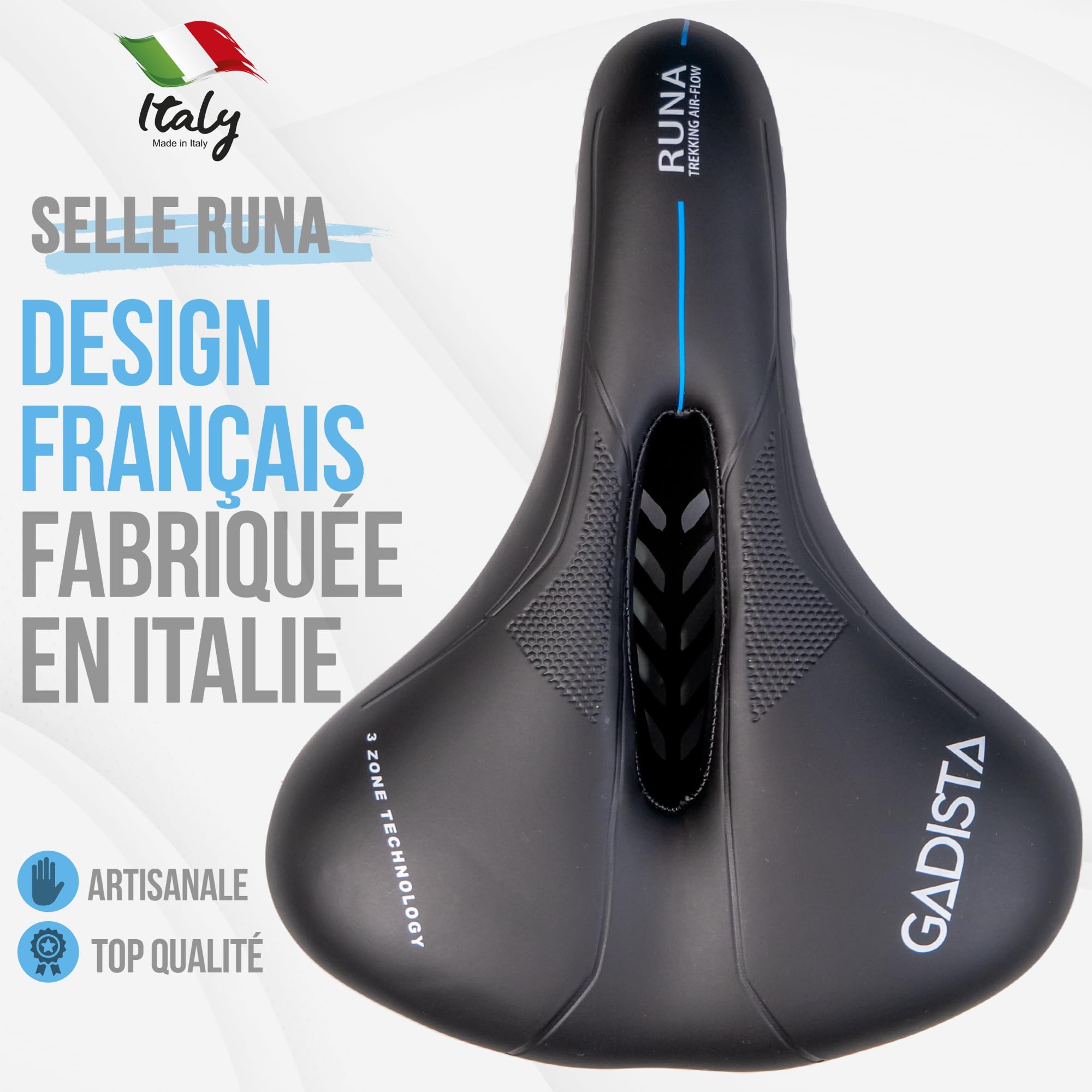 GADISTA Selle VTT Femme Ultra Confortable Ergonomique Ville Randonnée Runa | Fabriquée à la main en Italie, technologie brevetée 3ZONE, canal central et revêtement étanche
