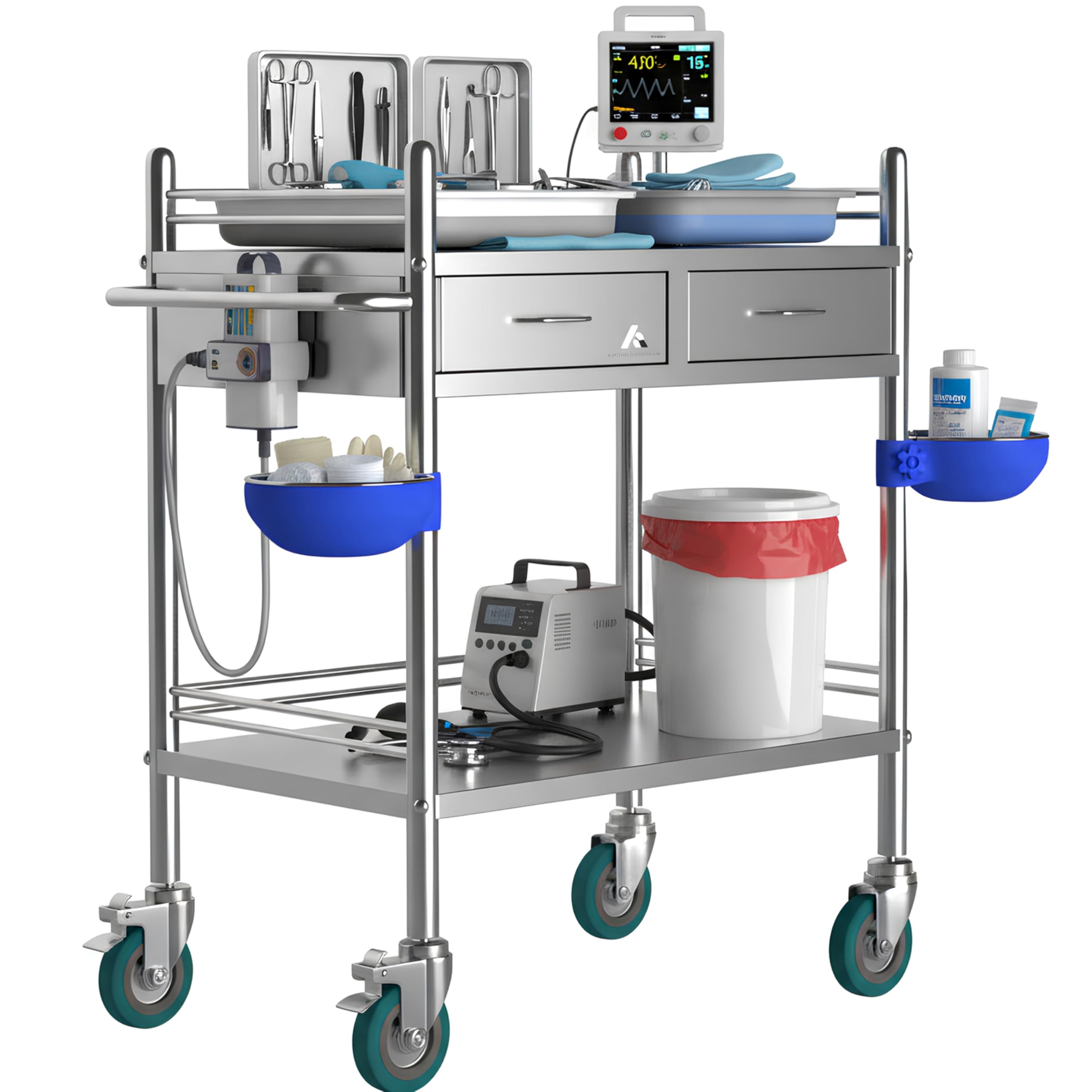 Photo 1 of **PARTS ONLY** Avicenna Innovations *Improved & Upgraded* Medical Stainless Steel 2 Tier Rolling Cart with Wheels and Drawers | Dental Hospital Nursing Trolley | Easy-to-Disinfect Phlebotomy Mobile Workstation