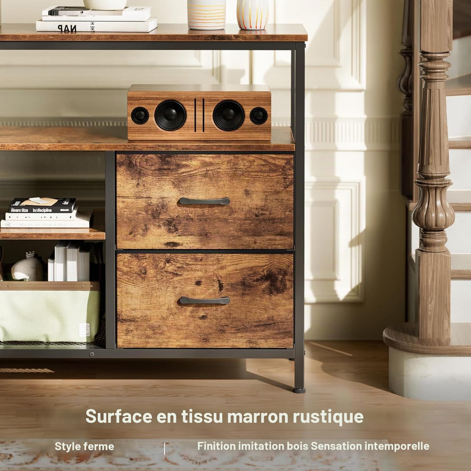 Armoire TV avec lumières LED - 108 x 30 x 78 cm - Meuble TV avec 4 tiroirs, 3 compartiments ouverts - Avec étagère en verre réglable - Pour salon, chambre à coucher - Marron - 108 x 30 x 78 cm