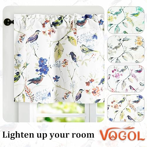Miniatura 108 de VOGOL Cenefas con patrón de pájaros para ventanas de cocina, cenefa texturizada de lino con estampado floral y pájaros para ventanas pequeñas