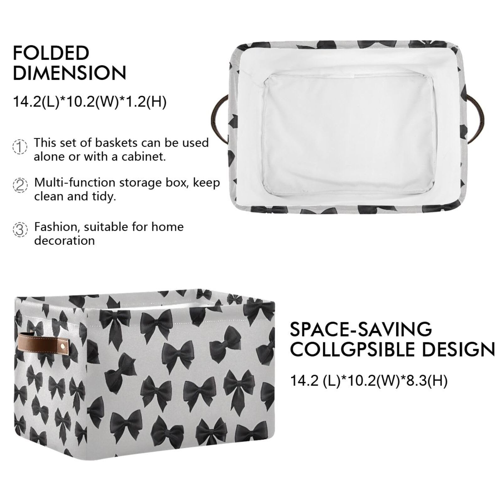 PaChyLuu Black Bows Storage Basket Bin Canvas Fabric Organizer Toys Basket with Handles for Home Office Nursery, Clothes, Gifts, 1 Pcs