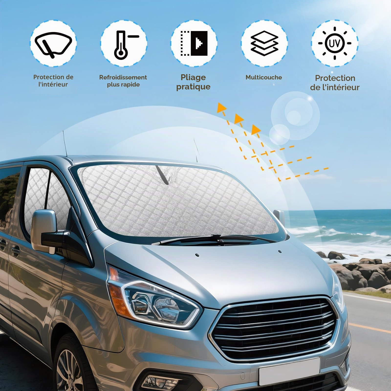 ZATOOTO Pare-Soleil Auto Pare-Brise intérieur pour Ford Transit Custom – Pare-Soleil épaissie magnétique pour Voiture latérale – Bloque 99% des Rayons UV, Lot de 3