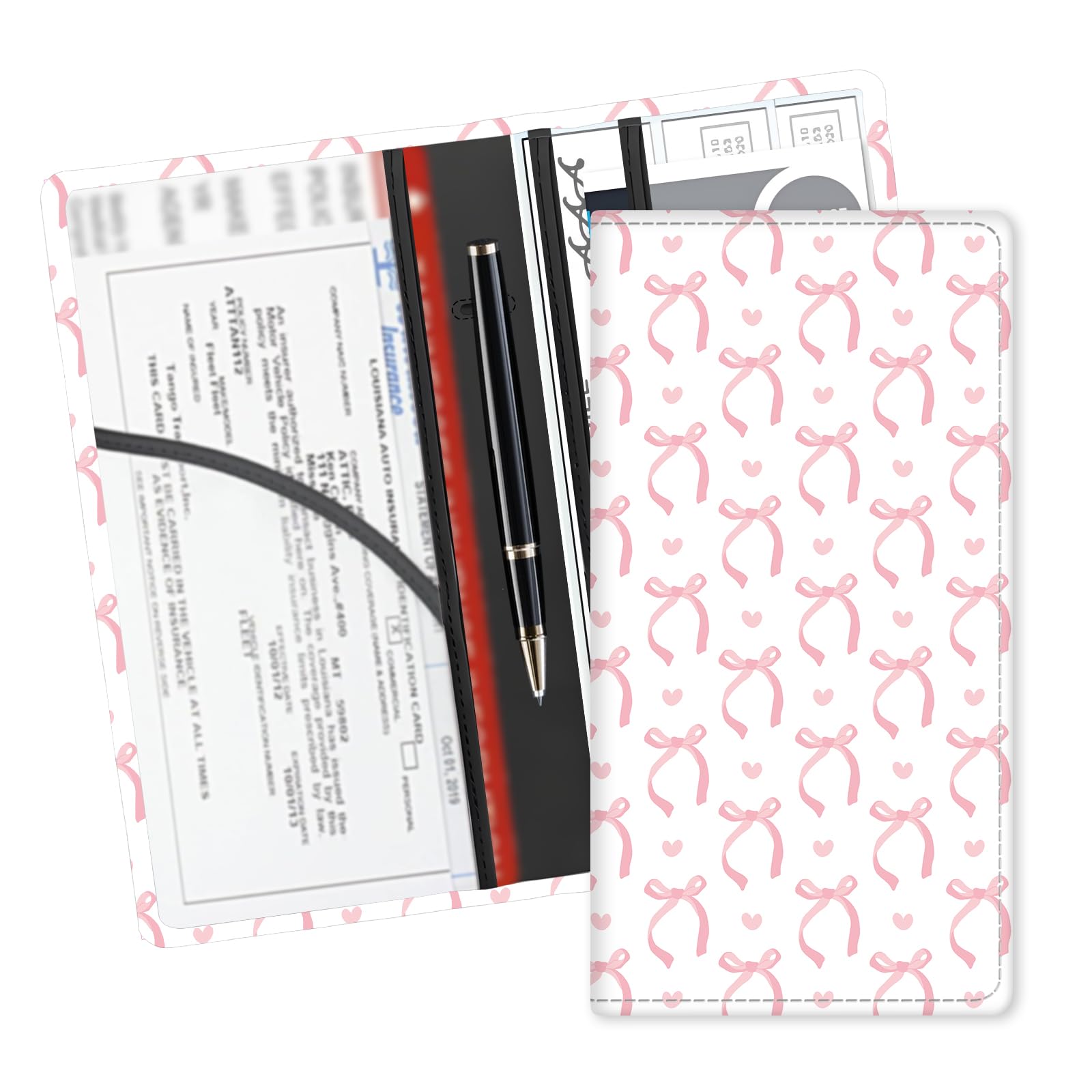 ADUQLZUX Leather Car Registration and Insurance Card Holder, Cute Car Accessories Vehicle Glove Box Car Organizer for Documents, Cards, License Pink Cute Bowtie Heart