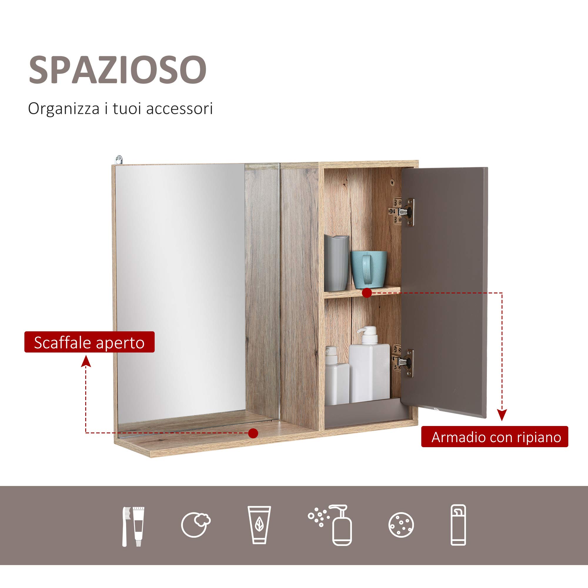 HOMCOM Armadietto Pensile per il Bagno con Mensola, Specchio e 2 Ripiani, Specchio Bagno Contenitore Installazione a Parete, Grigio e Rovere, 57 x 14.2 x 49.2cm