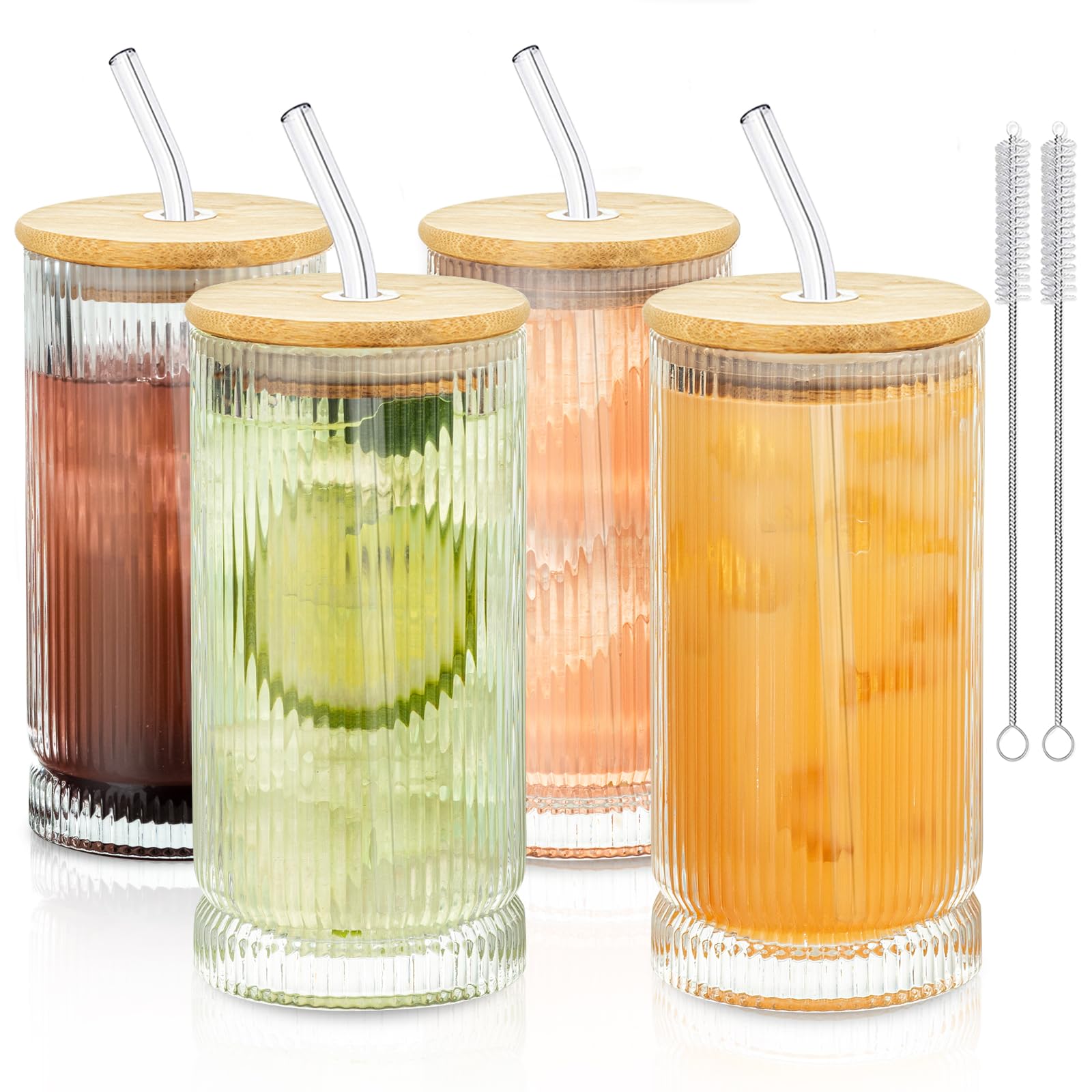 Amazon.com | Ribbed Glass Cups With Lids And Straws, 16oz Drinking ...