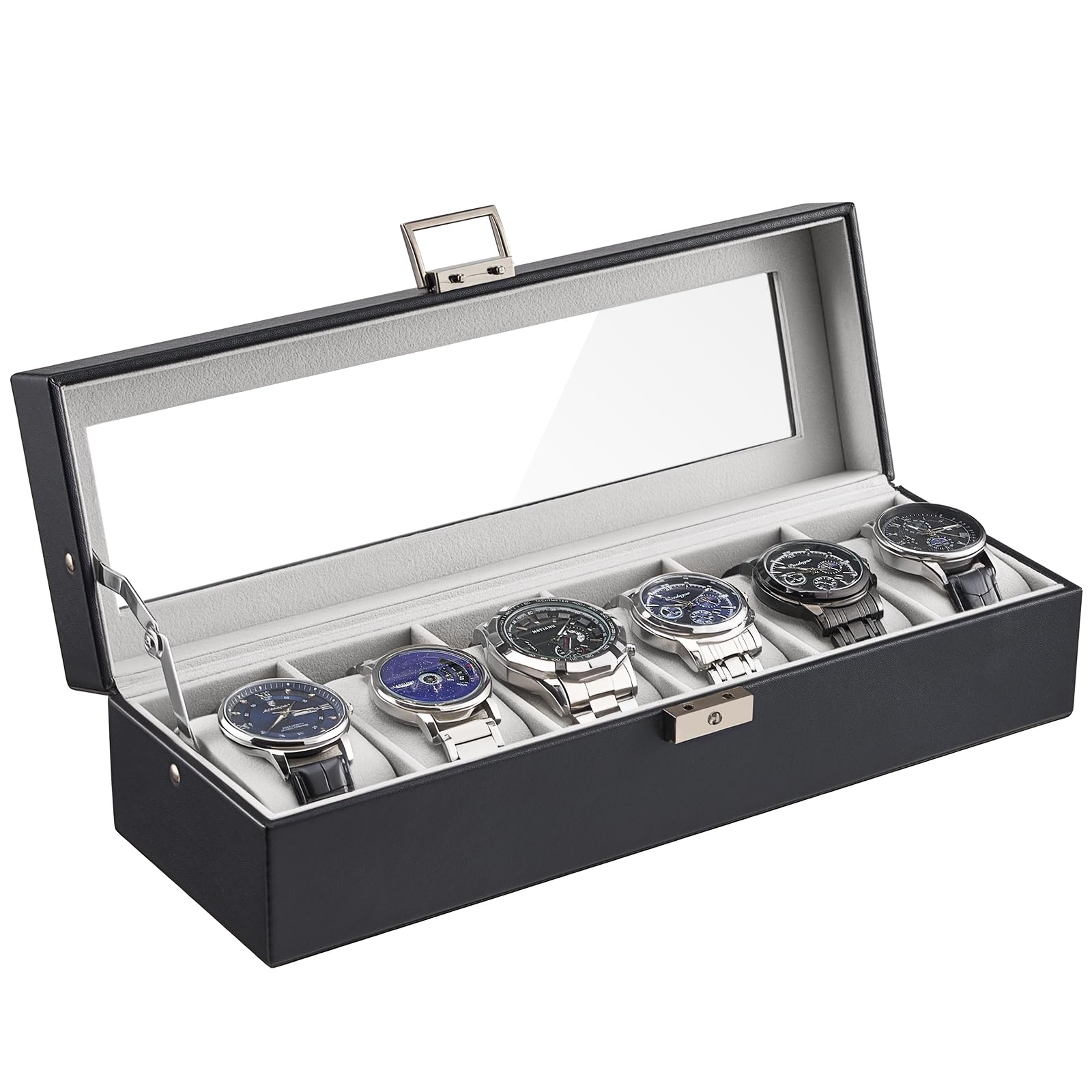 HVMBEUGOS 6 Slot Watch Case Box for Men, PU leather Man Watch Organizer with Soft Pillow, Lockable Watch Collection Storage Holder with Glass Display Lid, for Dad -Black