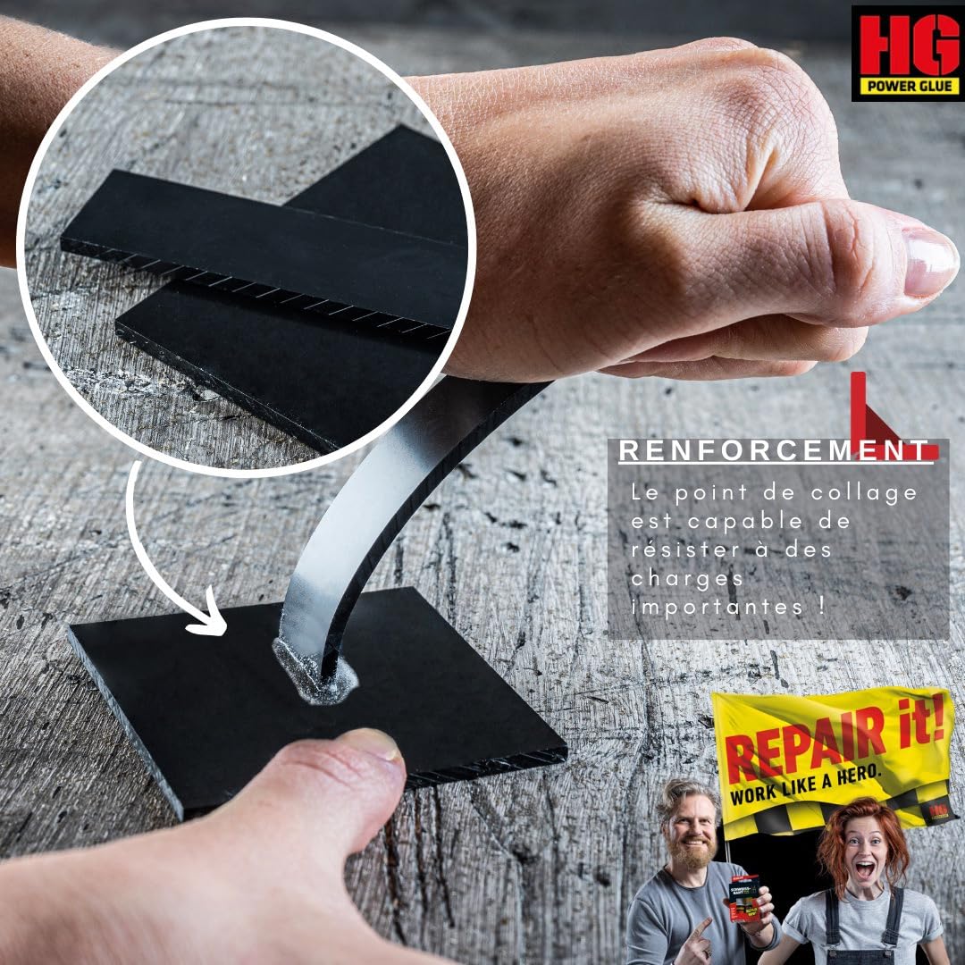 HG POWER GLUE REGULAR super glue extra forte - colle pour plastique caoutchouc pierre céramique verre bois - résistant à l'eau, à la chaleur et à séchage rapide 2x20g colle + 3x40g granulés