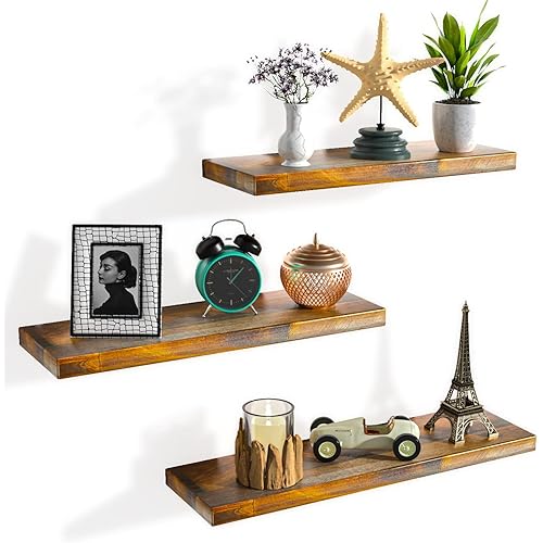 ASTARTH Floating Shelves-Wall Shelves Set of 3, Rustic Wood Storage Shelf-Invisible Brackets, 17'' Wall Mounted Shelves-Ideal for Bedroom, Living Room, Bathroom, Kitchen, Office Decor, Easy Assembly