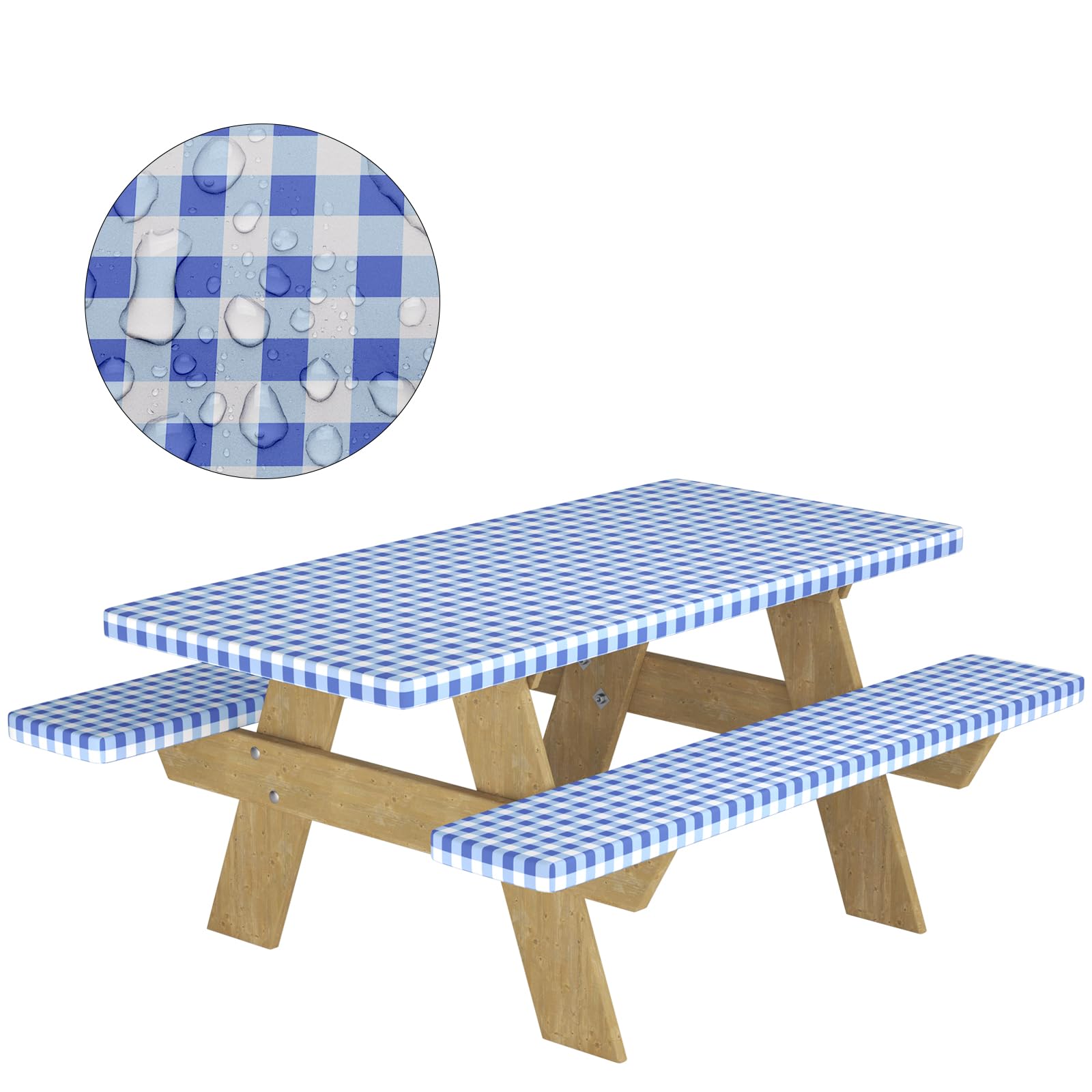 Picnic Table Cover with Bench Covers: 6ft Waterproof Elastic Fitted Tablecloth Cover - 3-Piece Set Vinyl Tablecloth with Flannel Backing for Picnic Camping Party Indoor Outdoor Blue Plaid 72"x30"