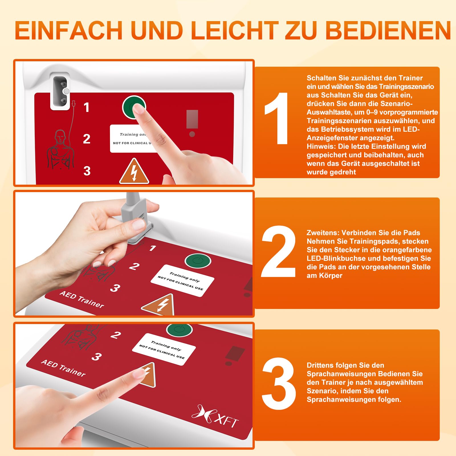 AED Trainer Deutsch, AED Trainingsgerät 10 Verschiedene Szenarien Deutsch&Englisch Sprachansagen mit Fernbedienung AED-Trainer mit CPR Lehrgerät für Erste-Hilfe-Schulungen XFT-120C