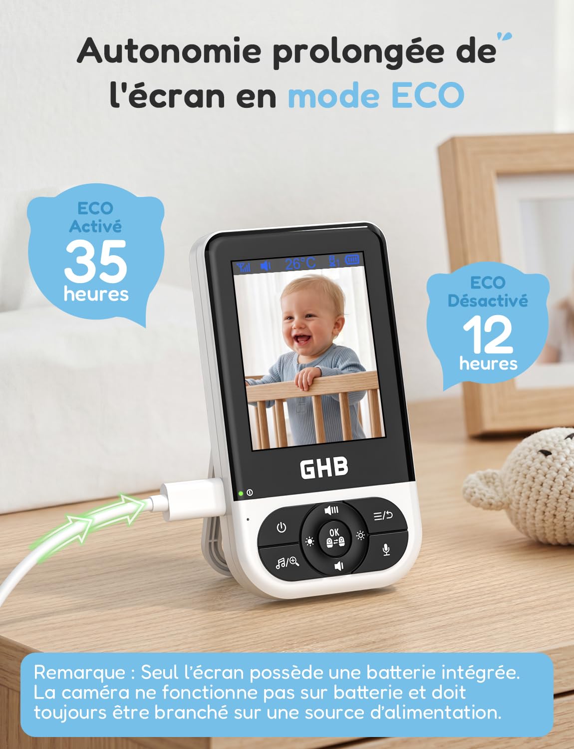 GHB Babyphone Camera Bebe Surveillance sans WiFi VOX Vision Nocturne Noir