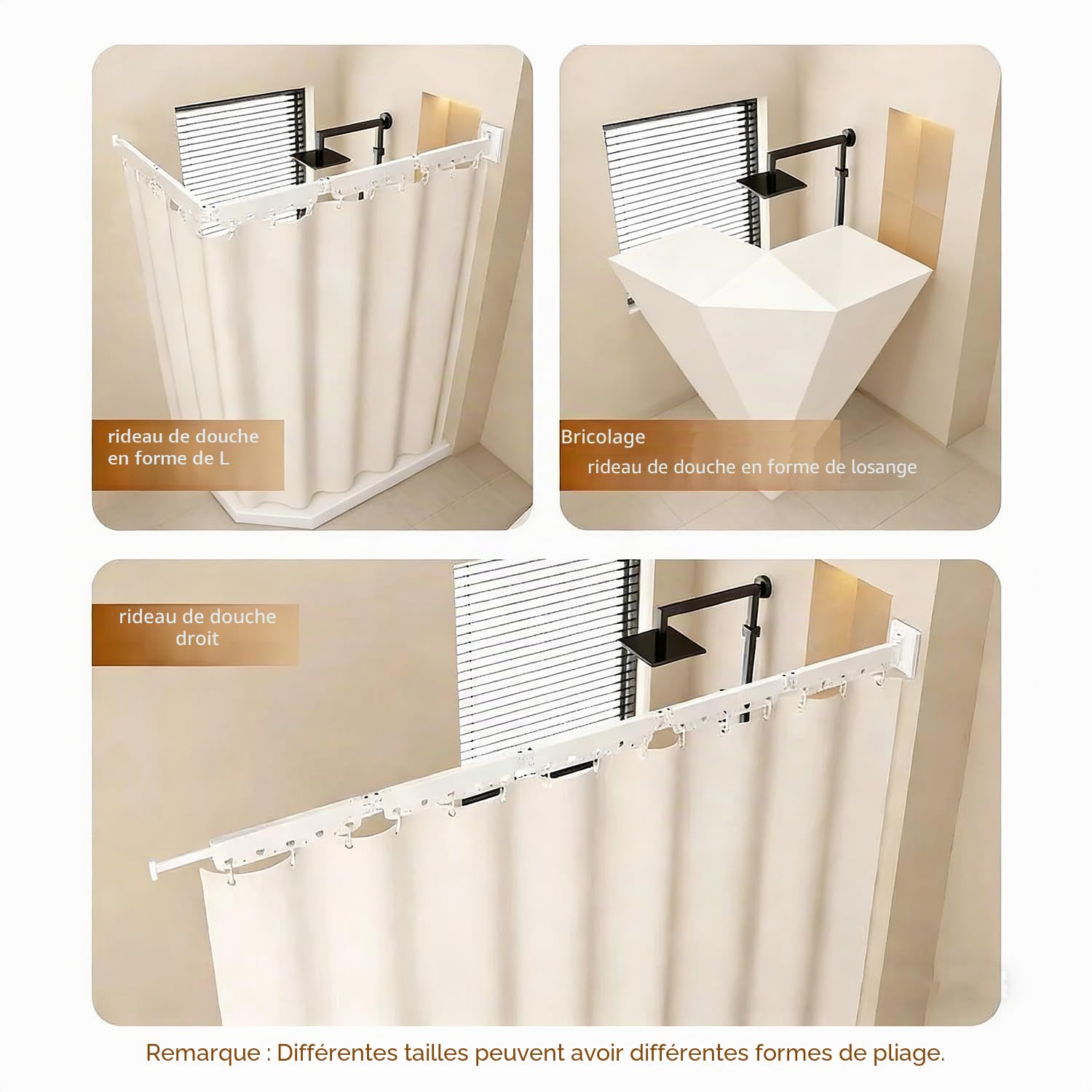 Rideau De Douche Sans Perçage,Tringle à Rideau De Douche Pliable Avec Ventouses,Résistante à La Moisissure,Imperméable,Lavable,Équipée De Ventouses Puissantes,Pour Douche d'Angle,Blanc(5 Plis,160cm)