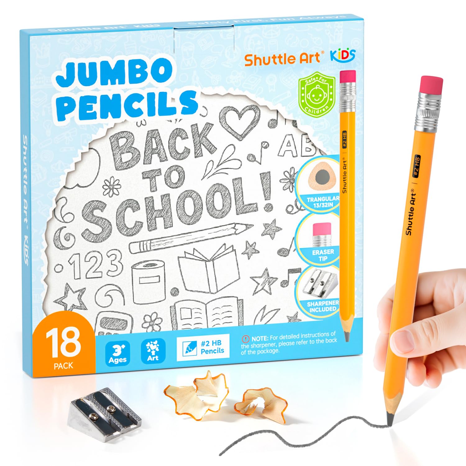 Shuttle Art Pencils HB Kakuta Jumbo 18-Piece Set, First Pencils, Triangular Shank, Thick Shank, Eraser and Sharpener Included, Sharpened, Easy to Hold, Not Easy to Break, Children, Junior School, Elem