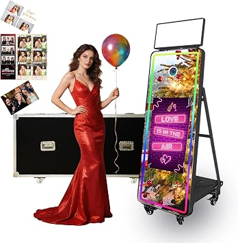 60 Magic Mirror Photo Booth with 32 Interactive Touch Screen, Built-in Mini PC, RGB Square Light, Flight Case for Event Rental Wedding Party Black, Photo Booth Machine