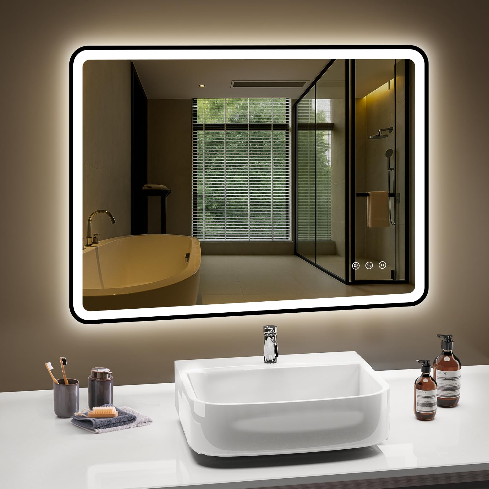 PESENXAN LED Spiegel Bad 80 x 60 cm mit Beleuchtung – Antibeschlag & IP44 Wasserdicht, 3 Einstellbare Lichtfarben, Dimmbar, Speicherfunktion, Schwarz Aluminiumrahmen, Horizontal/Vertikal Montage