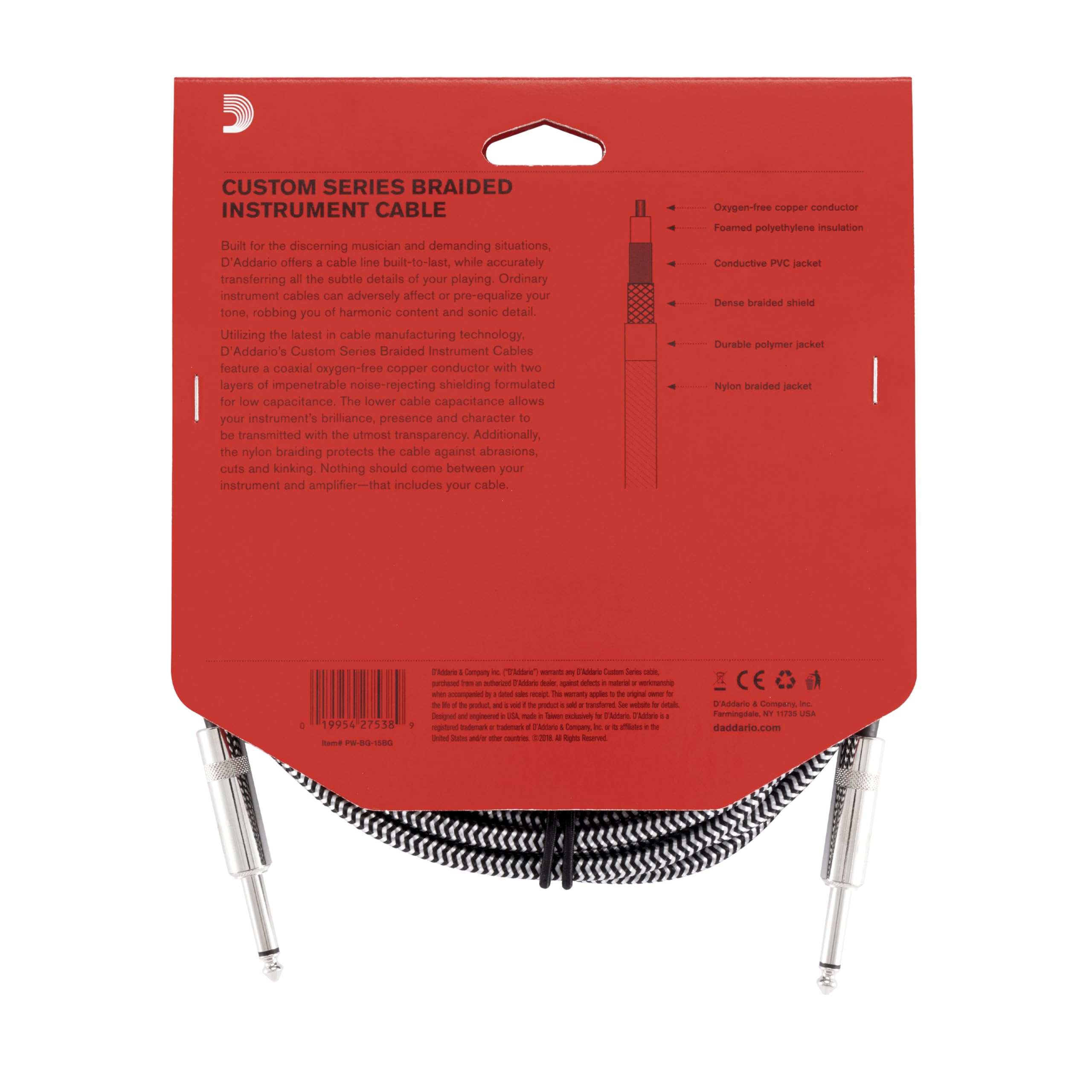 D'Addario Kabel gitarowy - przewód gitarowy - kabel instrumentalny - akcesoria do gitary - pleciony kabel z serii niestandardowej - 4,57 metra - szary - 1 opakowanie