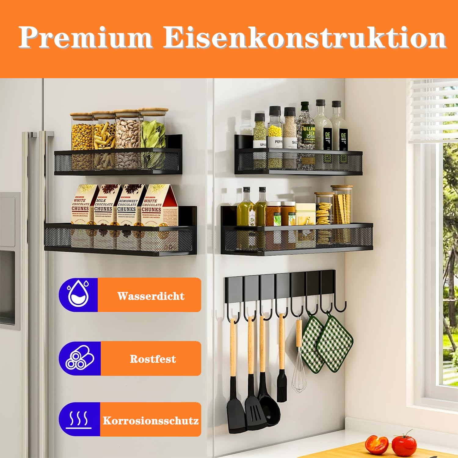 Luchs - Set van 2 magnetische koelkastplanken van roestvrij staal, hangrek, keukenrek, kruidenrek, koelkastrek, organizer met haken (wit