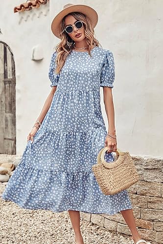 Miniatura 2 de PRETTYGARDEN - Vestido para mujer, estilo veraniego, bohemio y casual, con manga corta, estampado floral y volantes, fluido, largo por debajo