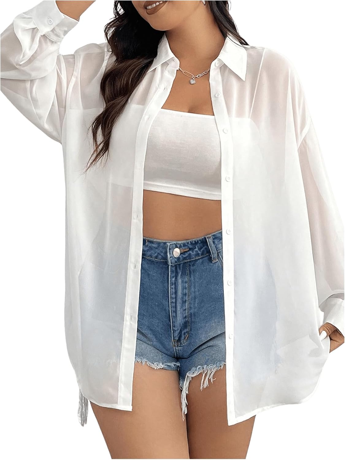 Milumia Women Plus Size Sheer Button Down Top Sheer Long Sleeve See Through Blouse Shirt - Image 3