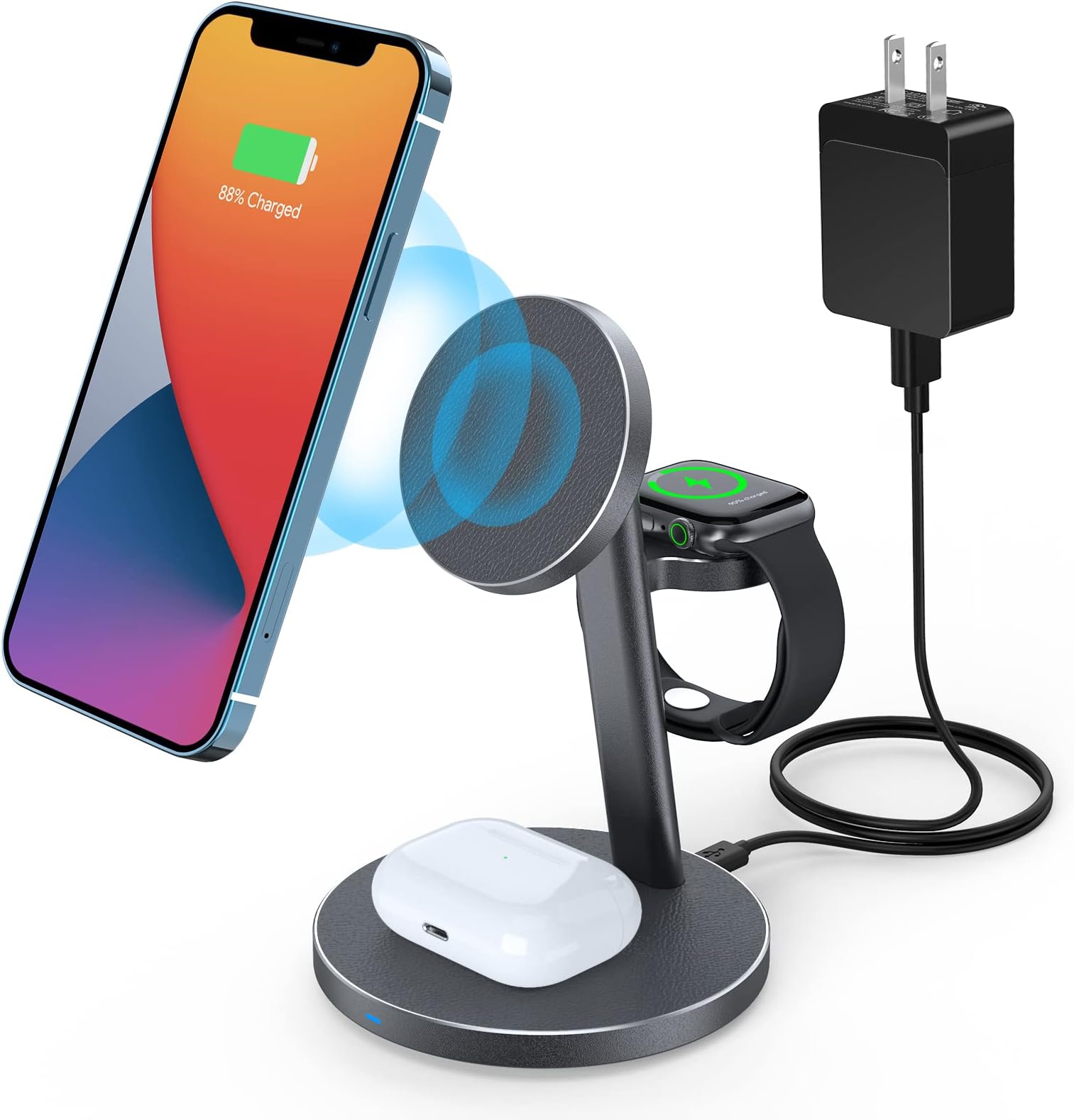3-in-1 Magnetic Wireless Charger Stand, 18W Aluminum Alloy MagSafe Charging Station for iPhone 15/14/13/12 Series, AirPods 3/Pro/2, iWatch Ultra/8/7/ 6/SE/5/4/3/2 (with QC 3.0 Adapter)