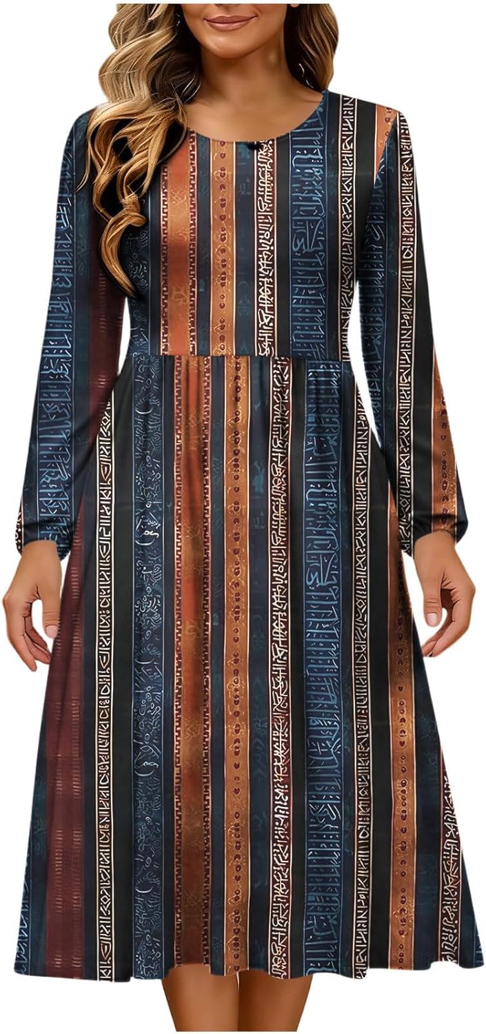 Womens Long Sleeve Midi Dress Loose Crewneck Vintage Graphic Flowy Party Cocktail Casual Maxi Dresses