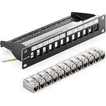 deleyCON 12 Port CAT 7 Patch Panel Patch Panel Modular 1 U + 12x RJ45 Coupling Female to Female CAT 7 Keystone Module - 10 Inch Rack Installation Server Compatible with CAT5 CAT6 CAT7 CAT8 Patch