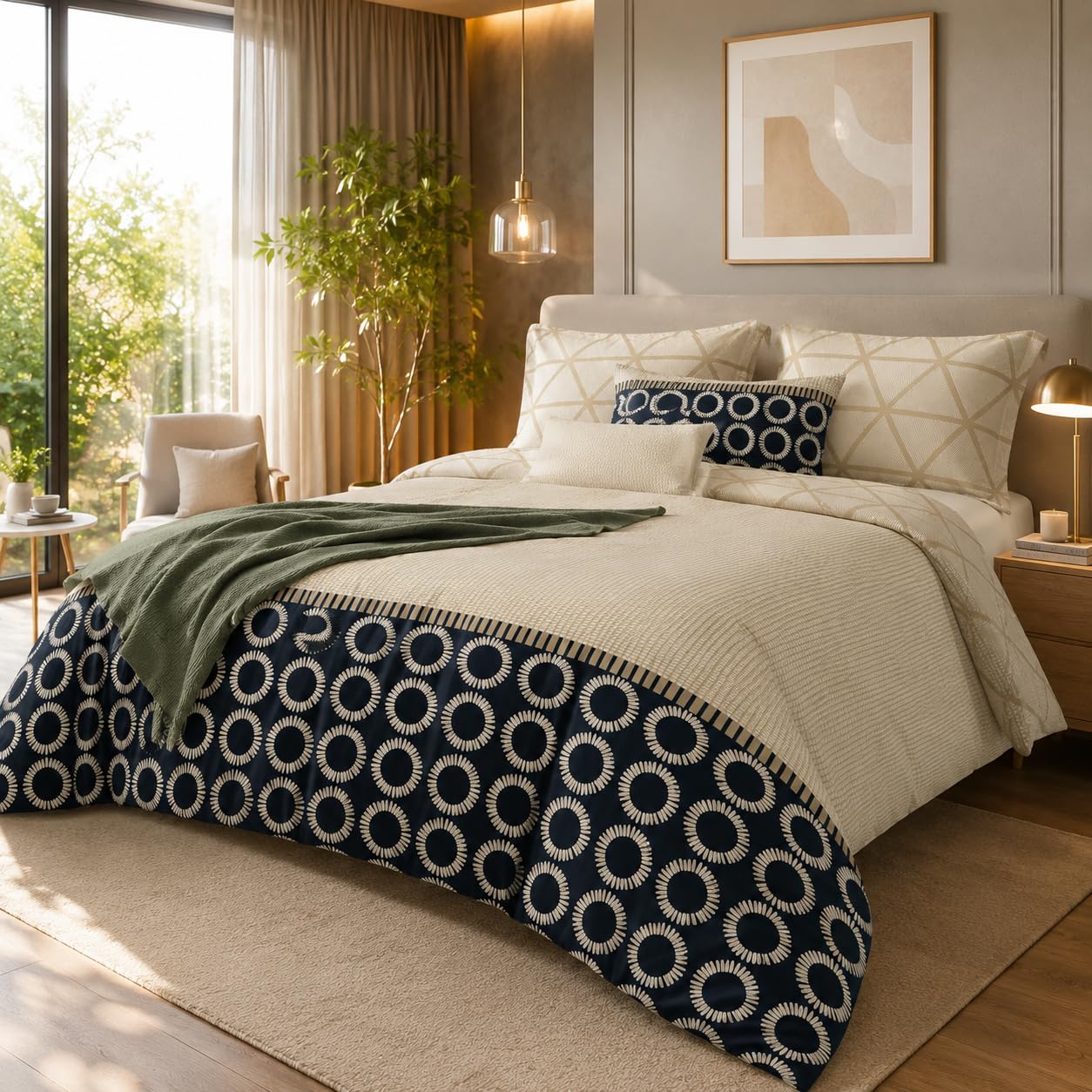 Double Bedsheet with 2 Pillow Covers | Premium Cotton Soft Breathable Bed Sheet | Beige & Navy Blue Geometric Floral Print Bedding Set | King Size Bedsheet for Bedroom Decor-image-32