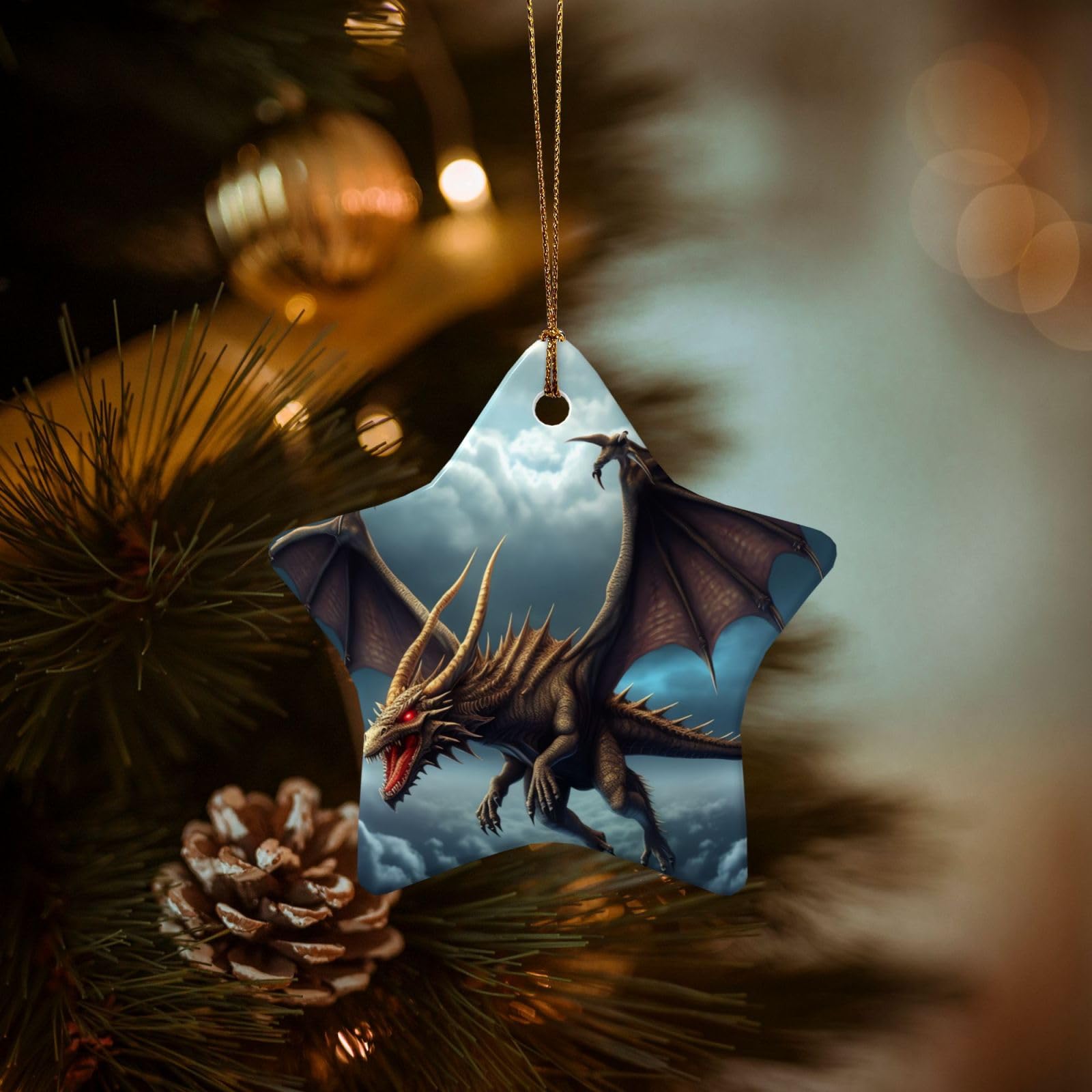 Christmas Ornaments for Christmas Tree Decoration Hanging Flying Dragon Ornament with Gold Ribbon Crafts Star Shape Ceramic Pendant for Keepsake Gifts Xmas Decor Party Supplies