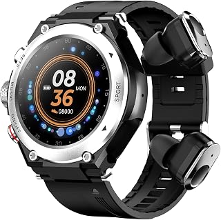 CISIYOO 2 in 1 Smart Watch with Earbuds,Smart Watch Built-in Bluetooth Earbuds Speaker,Fitness Tracker Watch,Speaker,Recording,Body Thermometer,Silver