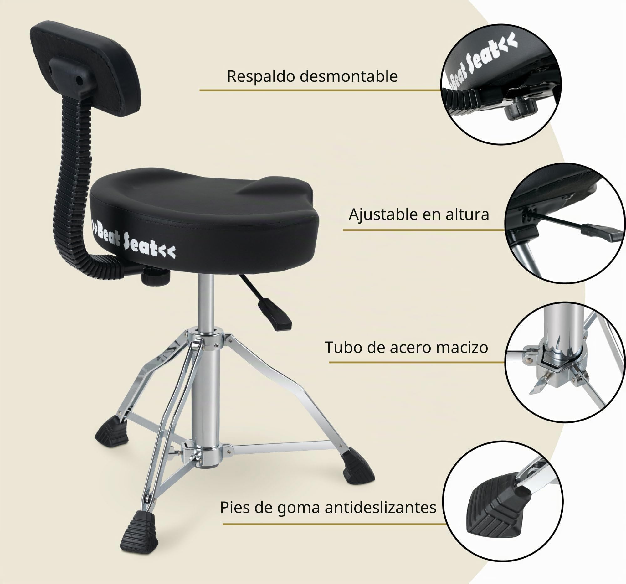 XDrum BeatSeat Taburete de batería con respaldo, asiento tipo sillín, soporte lumbar, tapizado en piel sintética negra, altura ajustable 45-60 cm, patas dobles antideslizantes de goma.