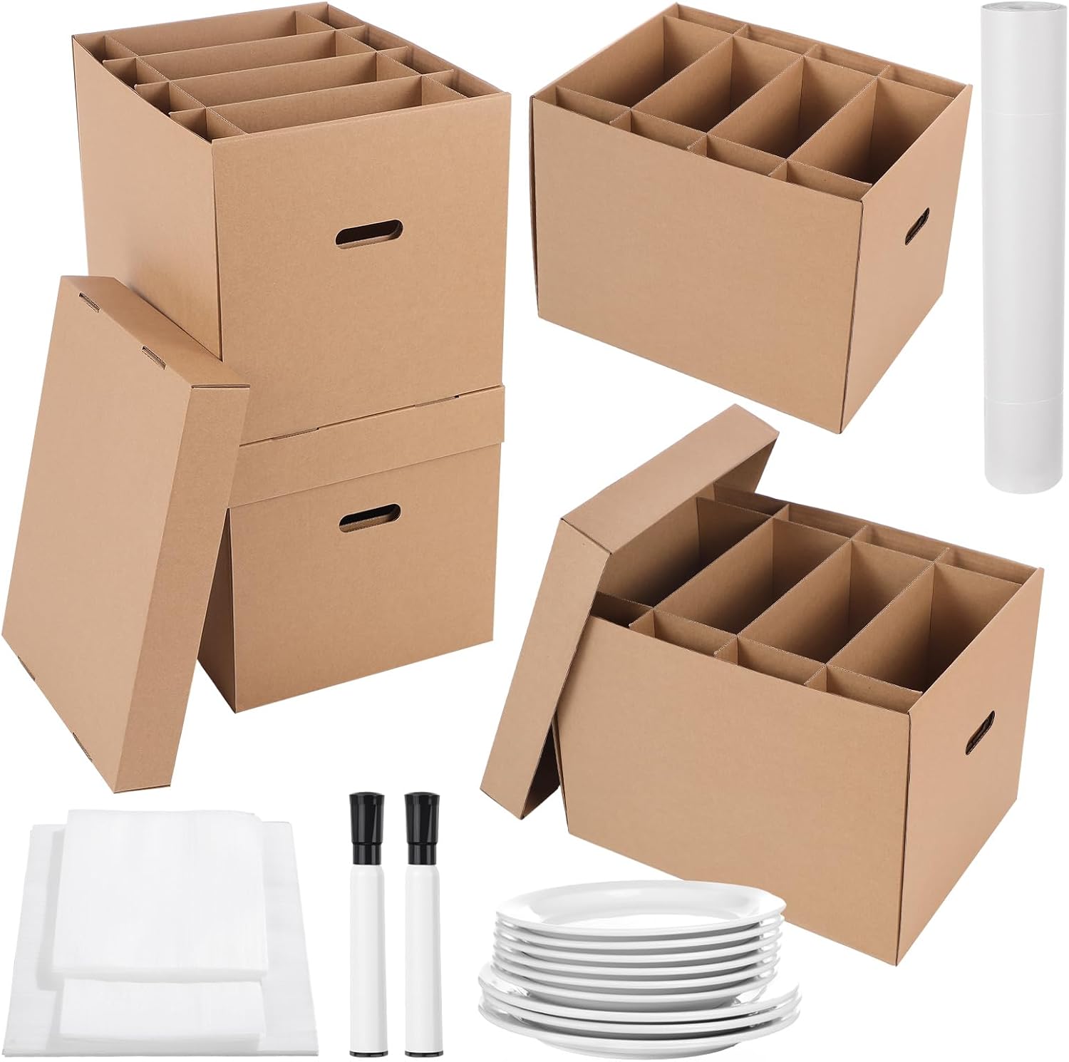 AmazingSpark 4 Sets Dish Moving Boxes with Divider and Lid Kits 16 x 12 x 12" Dish Packing Boxes with Handle 72 Foam Pouches 100 Packing Papers 2 Markers for Kitchen Tableware Glassware