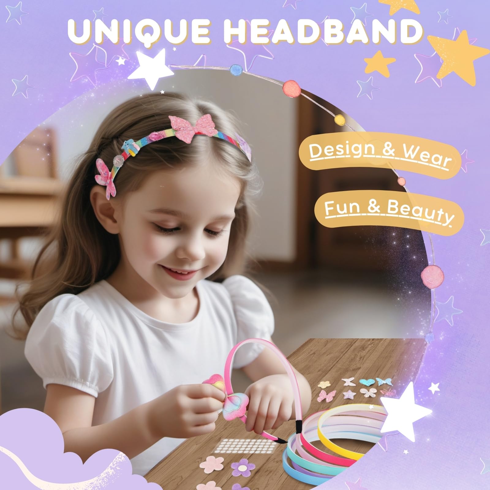 Kit De Fabrication De Bandeaux Pour Filles – 8 Serre-tête DIY, Accessoires Cheveux Créatifs, +70 Pièces – Cadeau Anniversaire Enfant 5-12 Ans