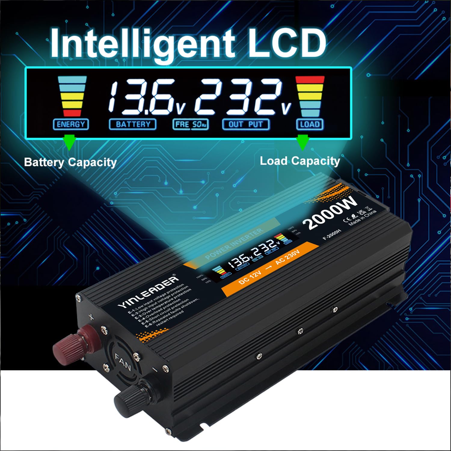 Yinleader inverter 12v 220v Onda sinusoidale modificata Convertitore 900W 2000W trasformatore di tensione LCD USB - Nero