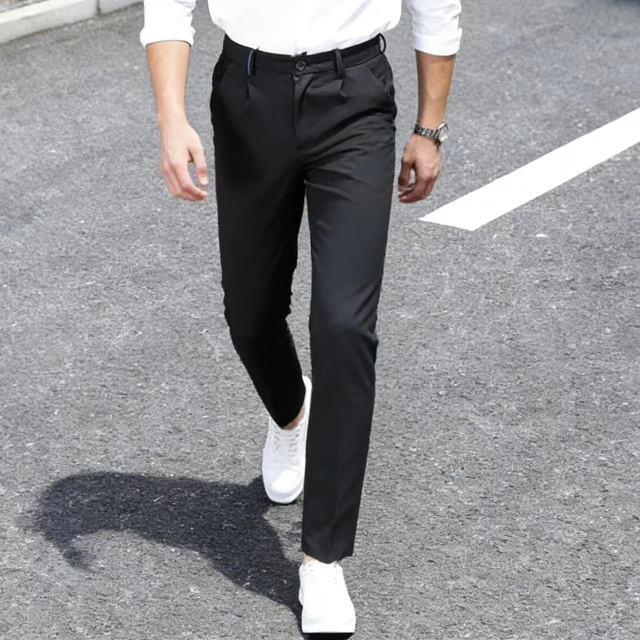 Men's Slim Fit Dress Pants, Pleated Front, Business Casual Trousers, Light Gray and Beige - Image 4