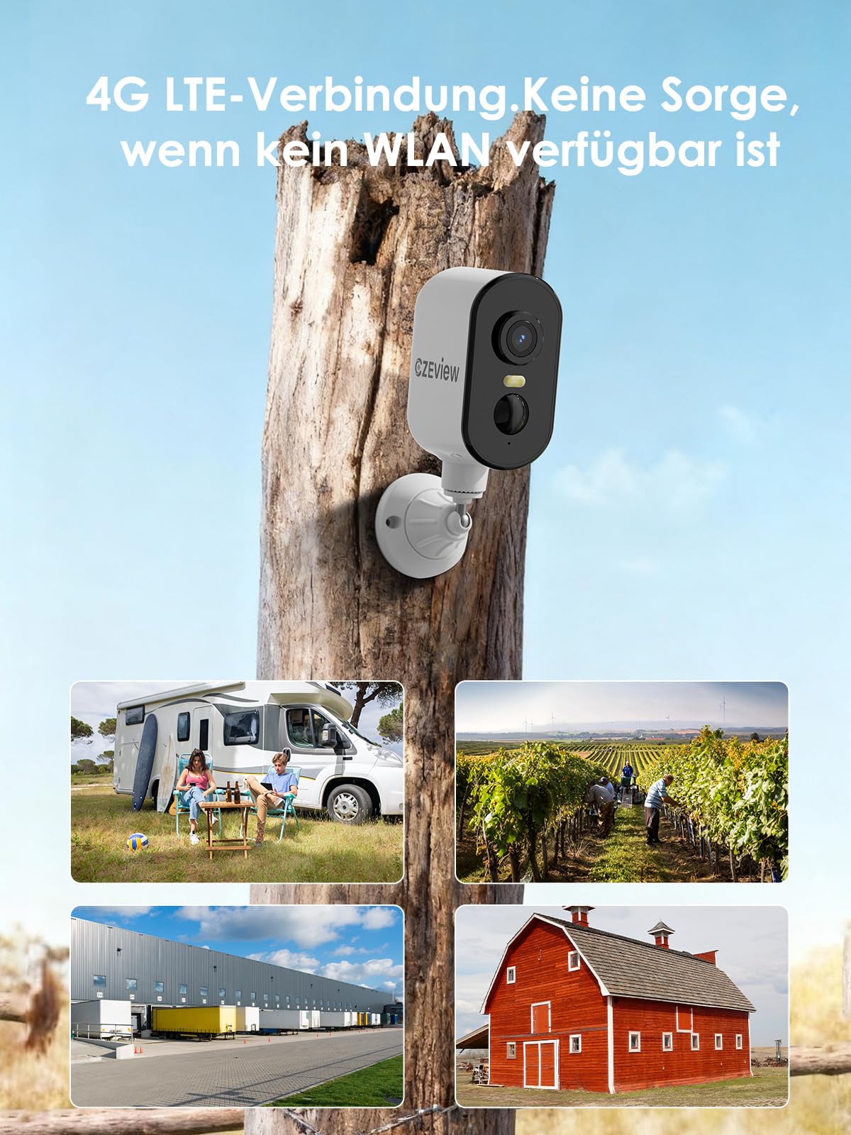 CZEview Caméra de surveillance solaire 4G LTE - Support magnétique - Batterie 2K - Sans Wi-Fi - 9000 mAh - Pivote à 300° - Détection de mouvement PIR - Vision nocturne couleur - IP65 - Contrôle par